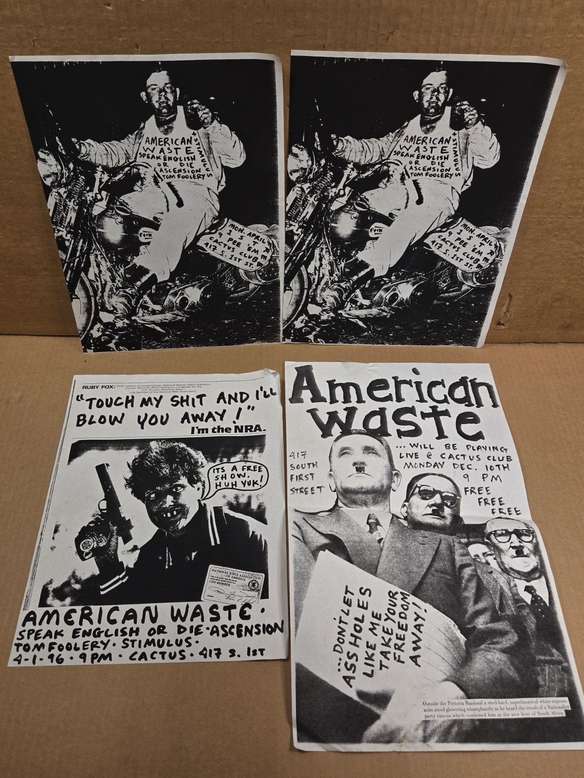 AMERICAN WASTE – Punk / Trash Band Lot of 4 Ephemera Concert Handbill Flyer