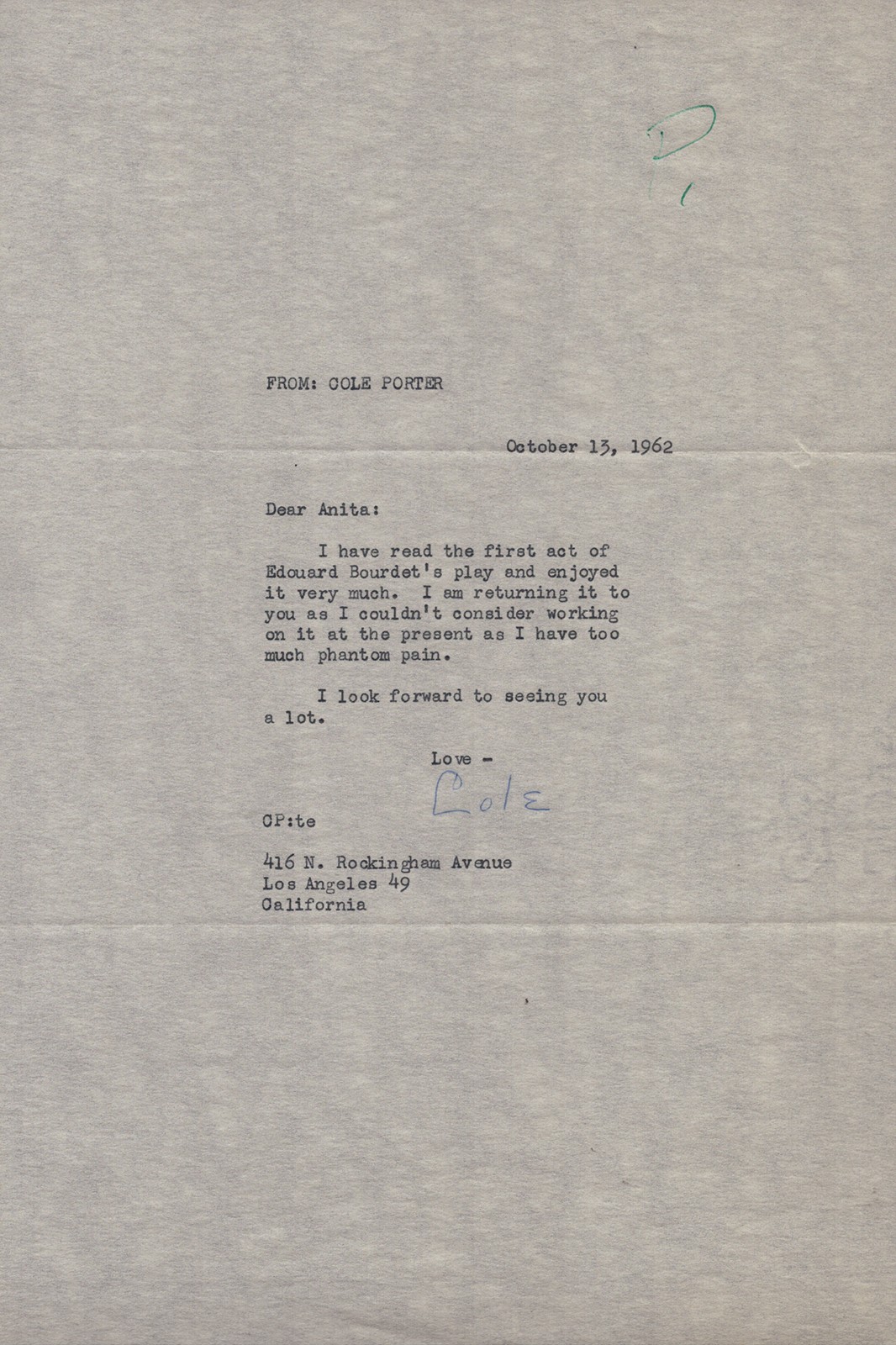 COLE PORTER – TYPED LETTER SIGNED 10/13/1962