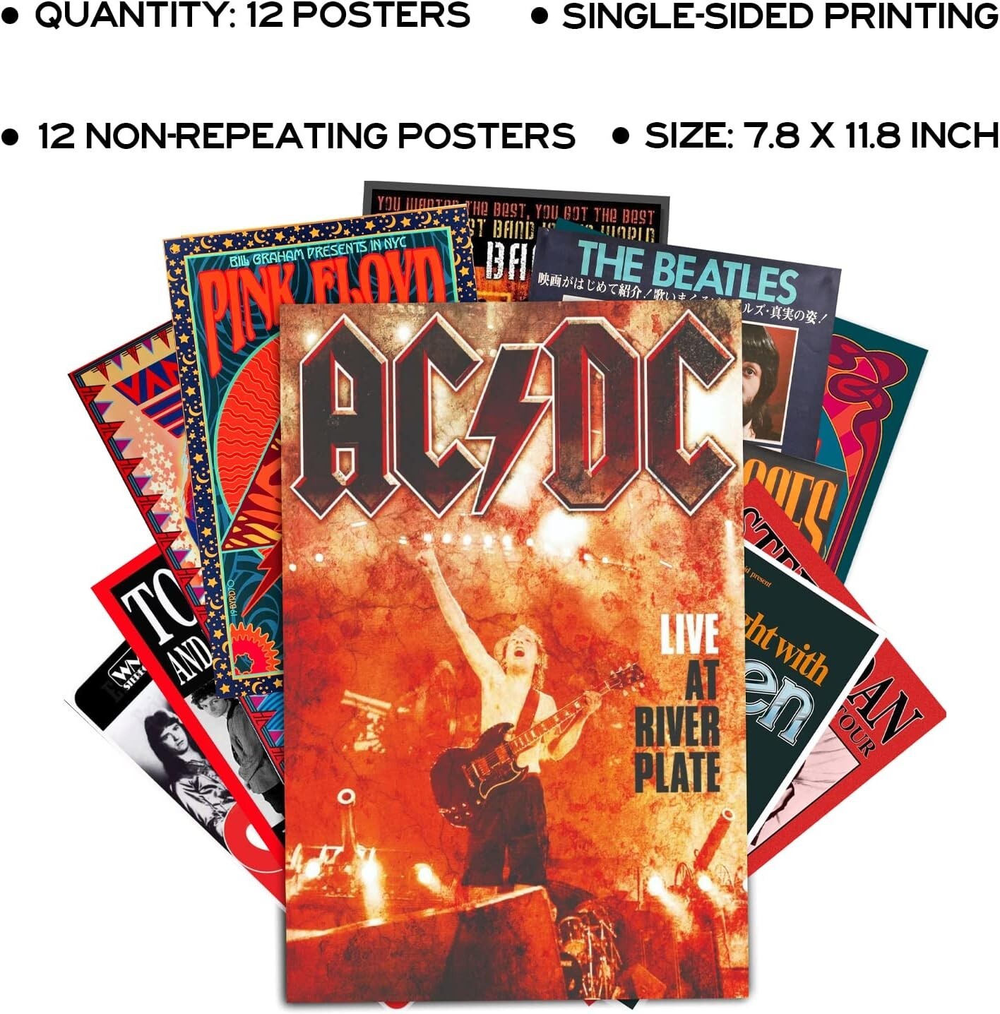Set of 12 Vintage Rock Band Posters – 7.8×11.8 Retro Wall Art for Music Lovers