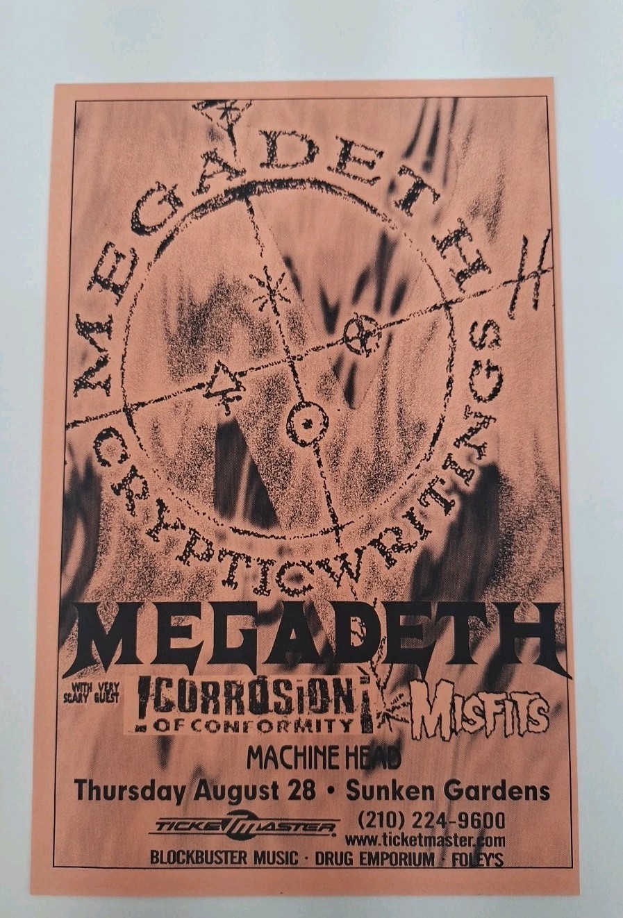 1997 Megadeth Cryptic Writings Tour Promo Flyer Misfits Sunken Gardens Metal