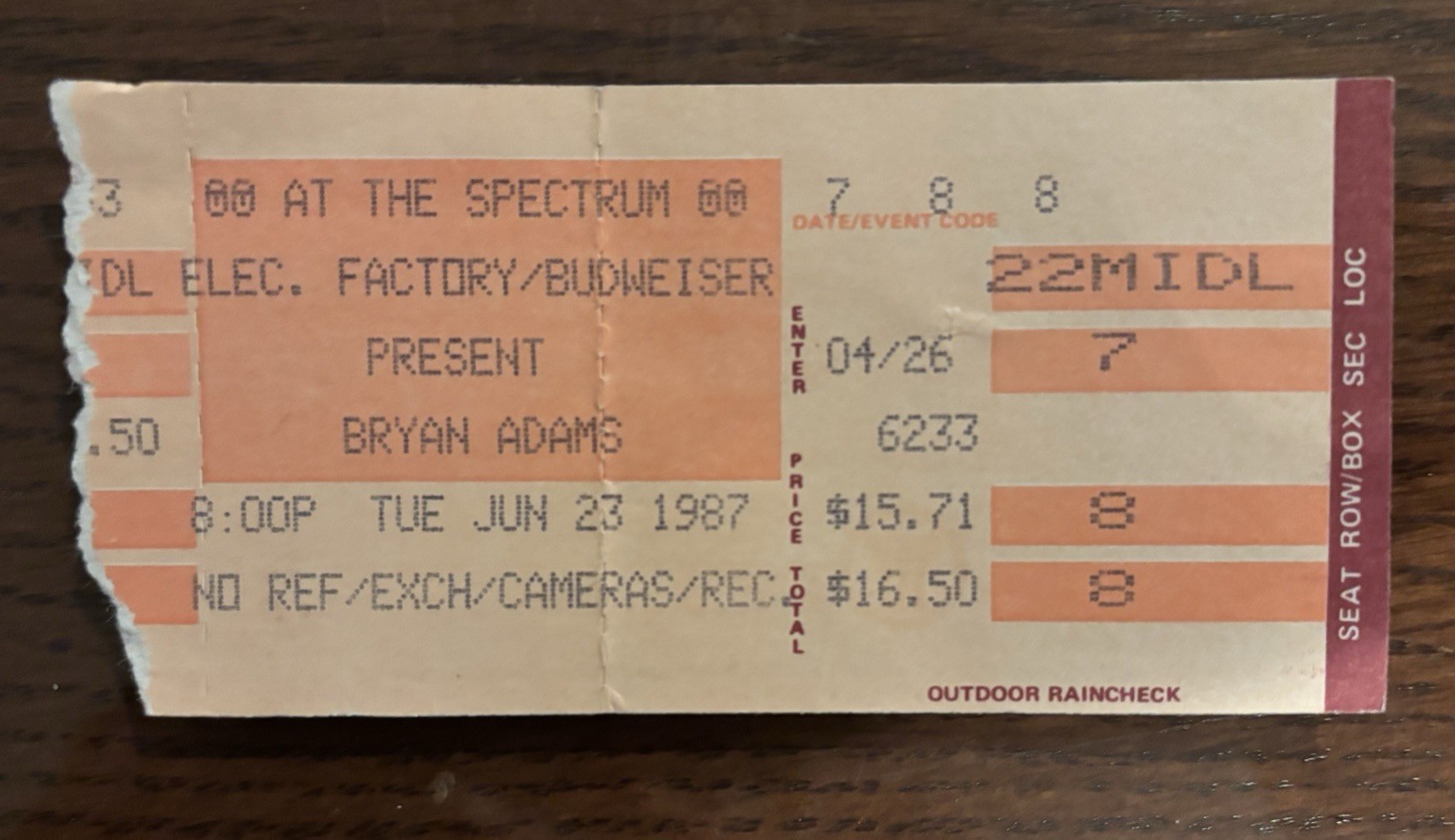 Bryan Adams Vintage Concert Ticket Stub June 23 1987 The Spectrum