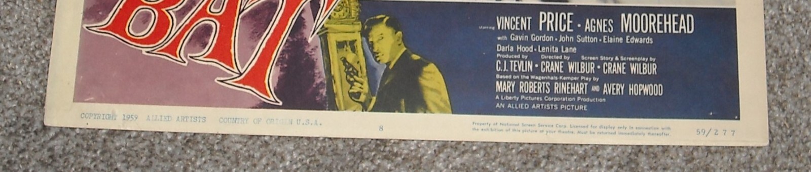 THE BAT MOVIE LOBBY CARD # 8 Allied Artists 1959 VINCENT PRICE DARLA HOOD GGA