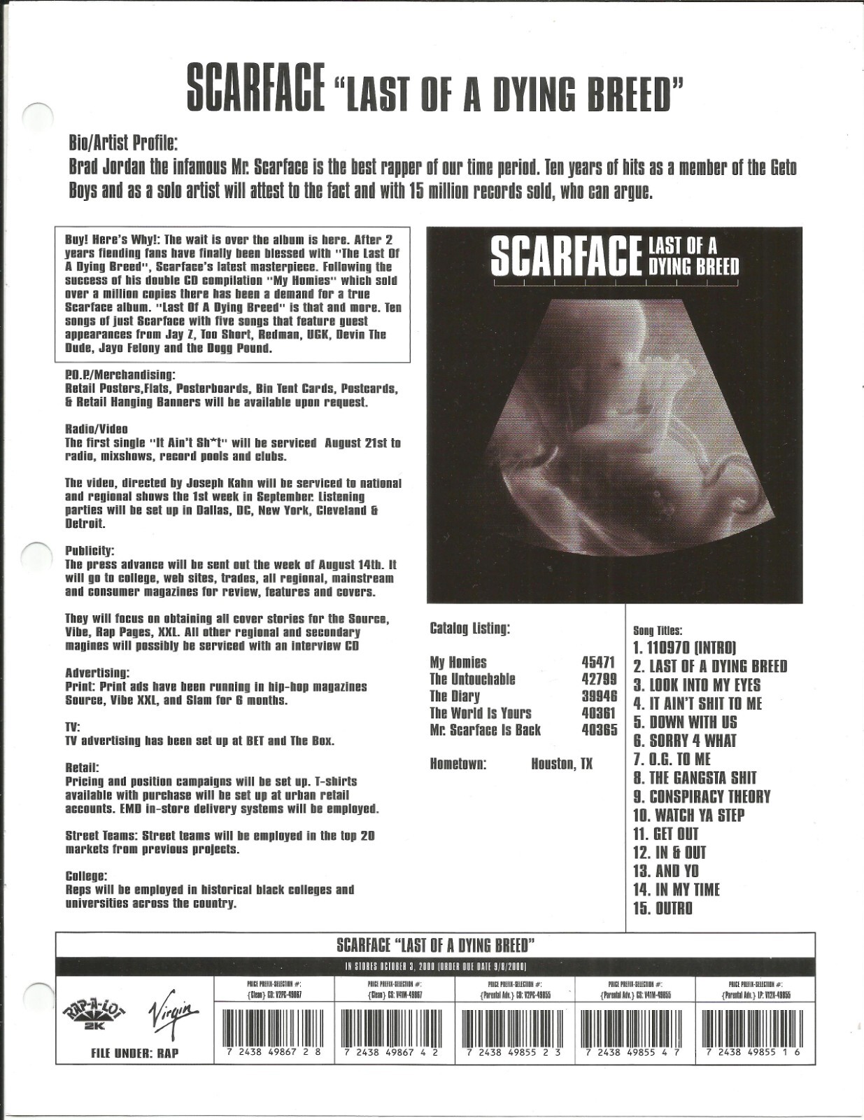 VAN MORRISON & SCARFACE Rare DOUBLE SIDED PROMO TRADE AD Poster of 2000 MINT