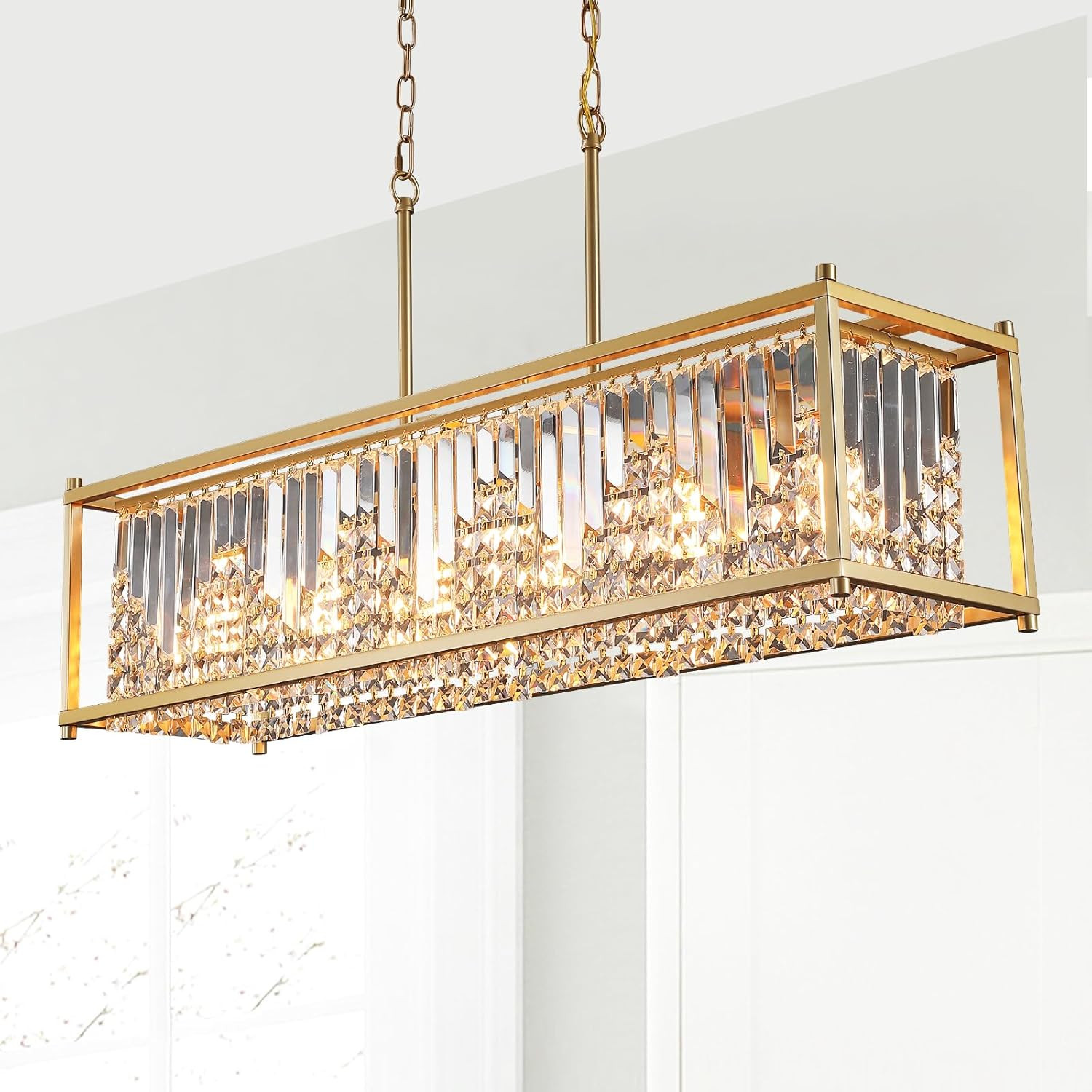 Modern Crystal Chandelier,Gold Rectangular Chandelier 6-Light,Luxury K9 Crystal