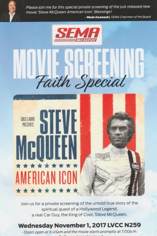 2017 STEVE MCQUEEN “American Icon” SEMA Show Promo Movie Screening Card