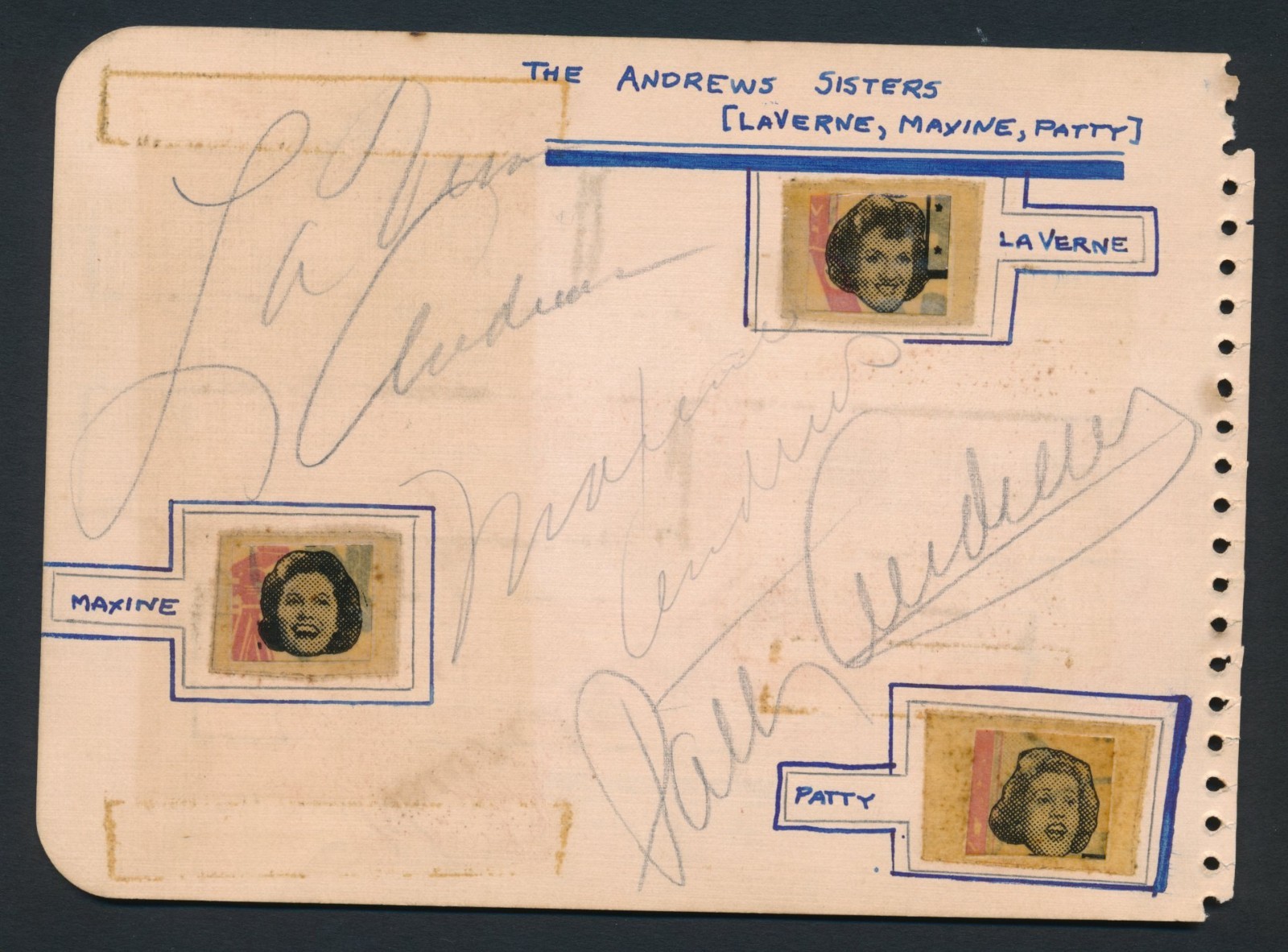 Andrews Sisters – Circa 1941 Signed Album Page – Full Signatures