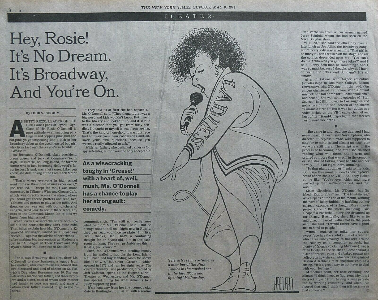 AL HIRSCHFELD ROSIE O’DONNELL PINK LADIES KUITICA UNTITLED MAP 1991 May 8, 1994
