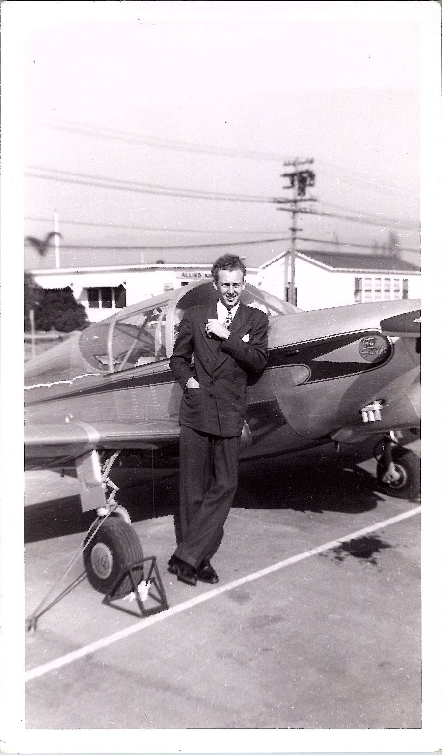1940s Man w/ Aircraft “The Swift” Black & White Photograph Allied Air