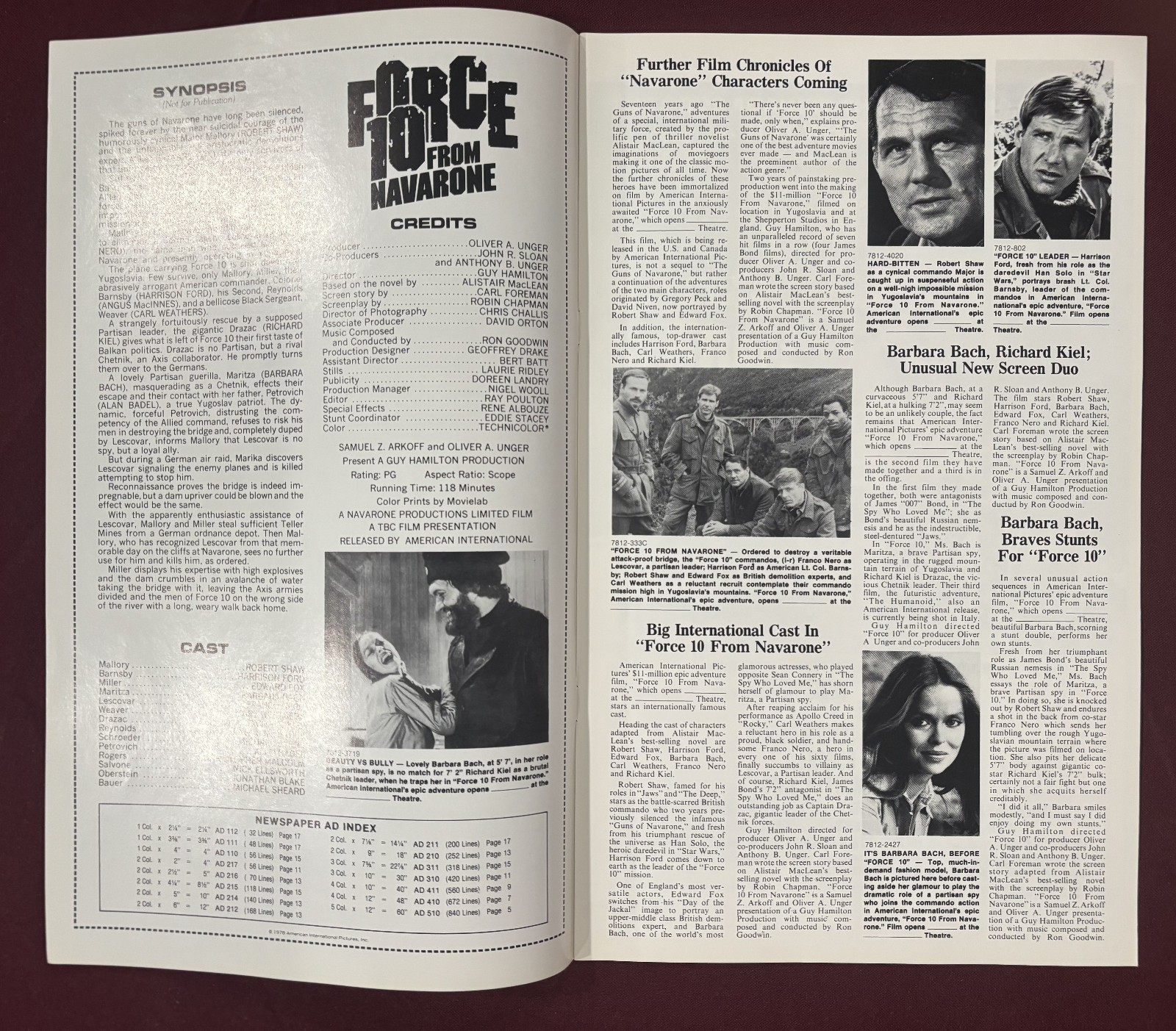 FORCE 10 FROM NAVARONE PRESSBOOK 1978 ROBERT SHAW HARRISON FORD