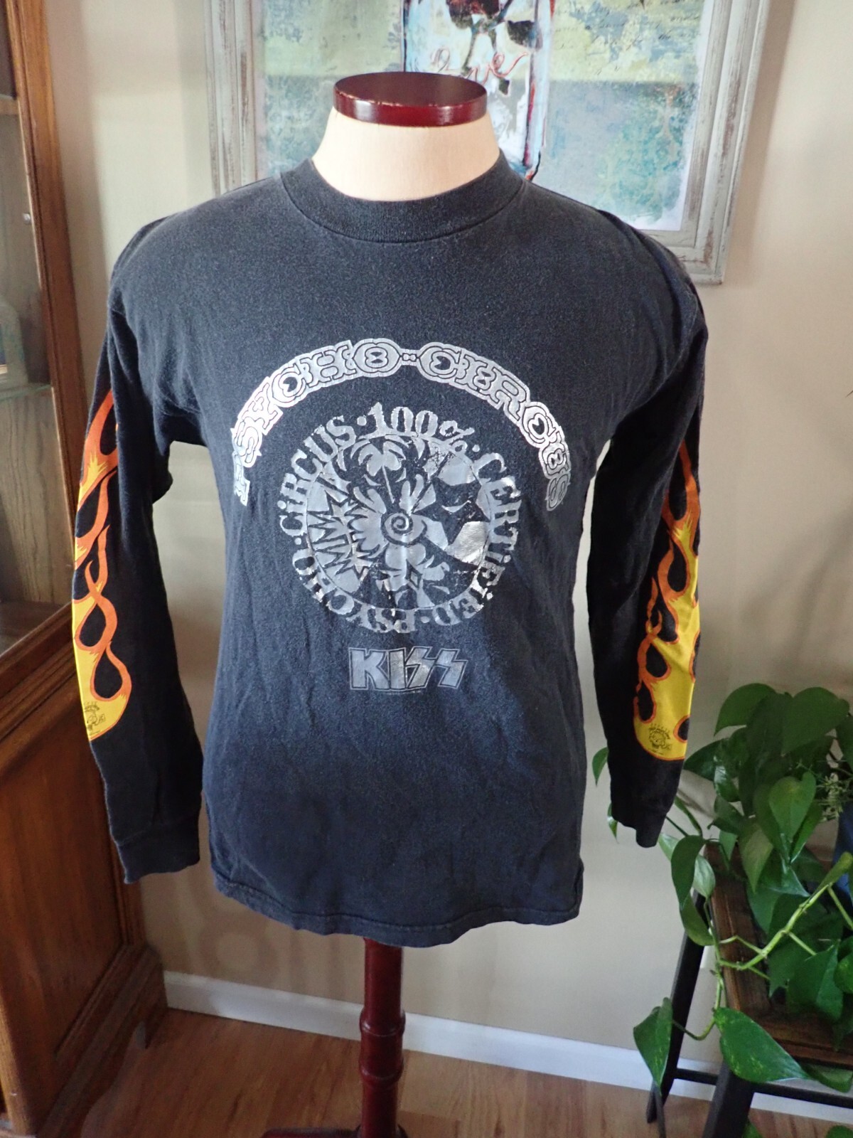 Vintage KISS Band Long Sleeve Shirt Psycho Circus Silver Foil Fire 1998 Alstyle