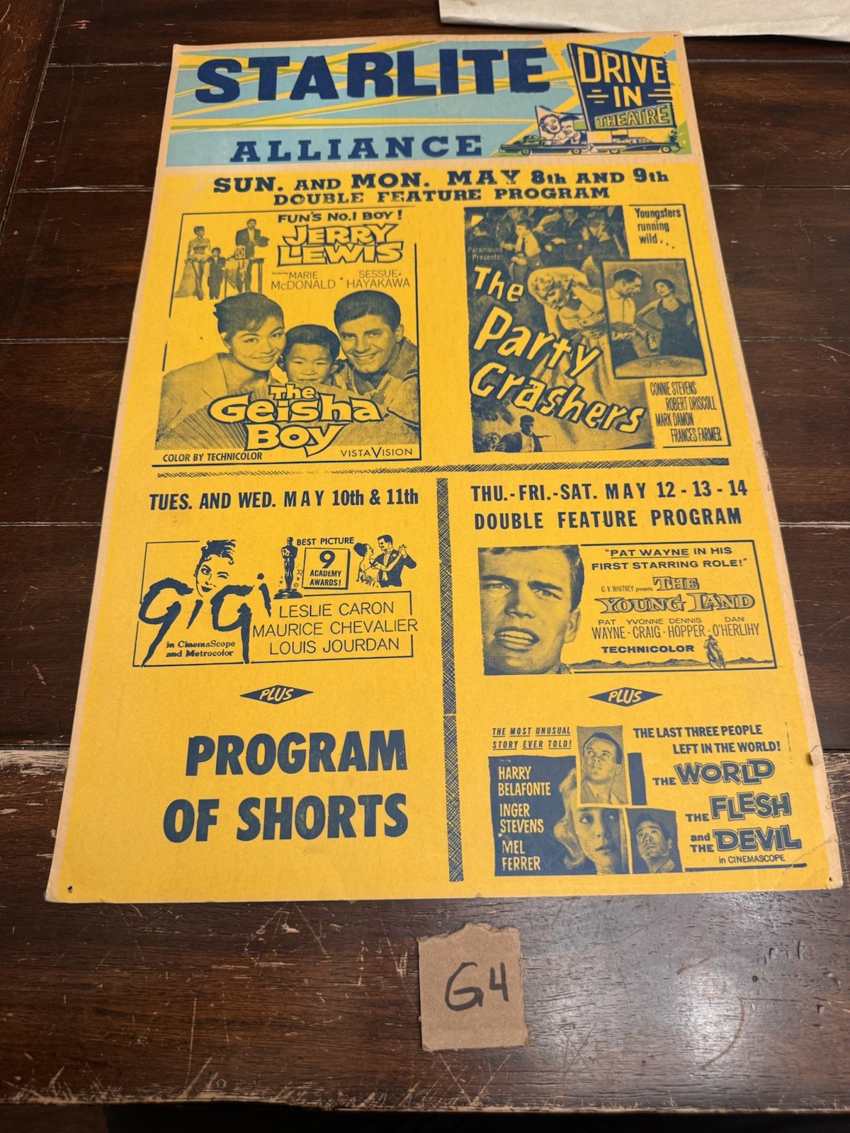 Vintage 1959 Starlite Drive-In Movie Poster Window Card Jerry Lewis Belafonte