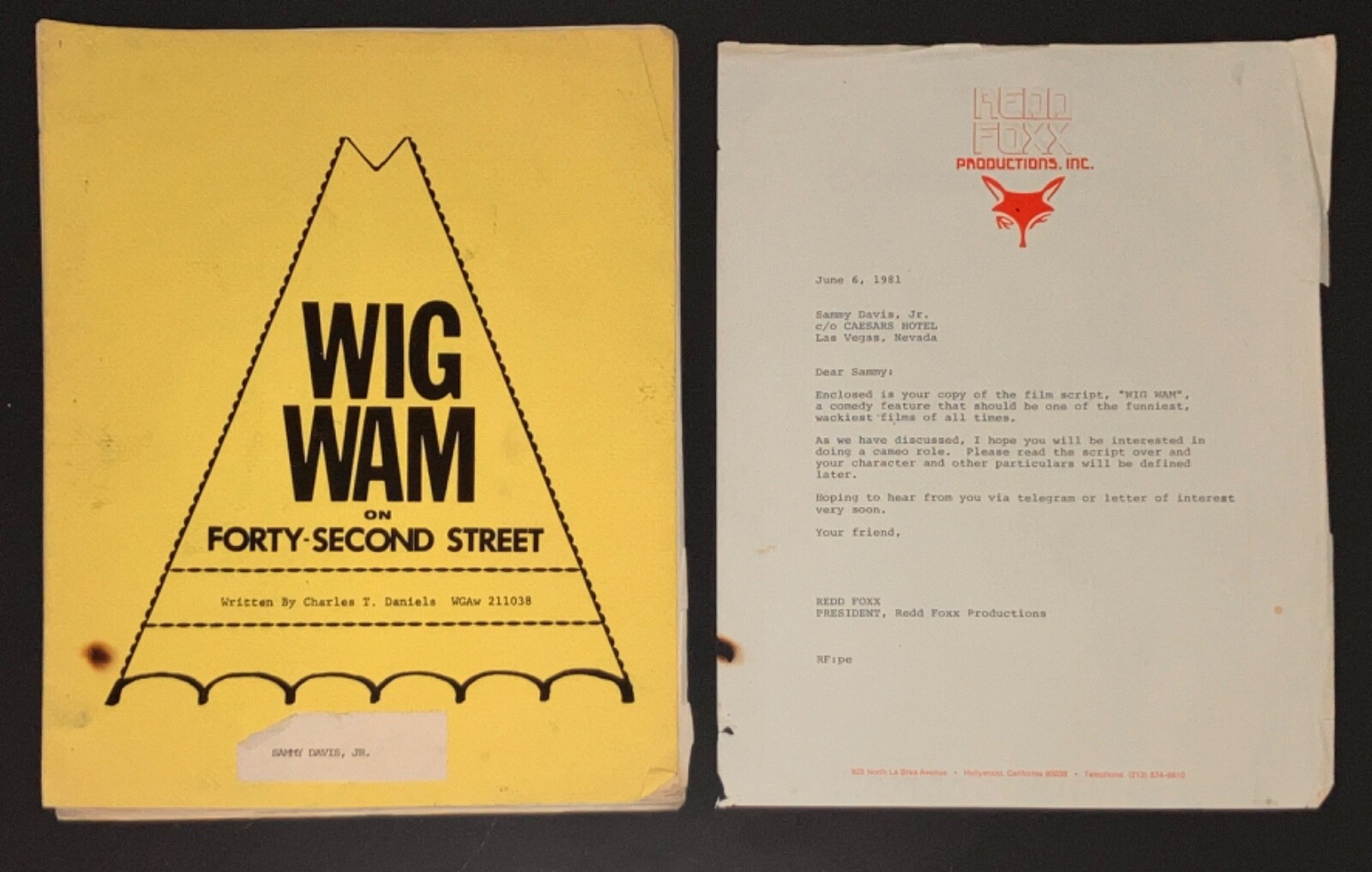WIG WAM ON 42ND ST Redd Foxx Sammy Davis Jr Hollywood Script Letter COA