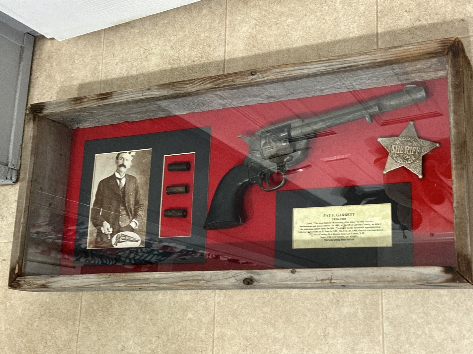 “Rustic Wood Pat Garrett Display Case – Perfect for Western Decor & Collectors”