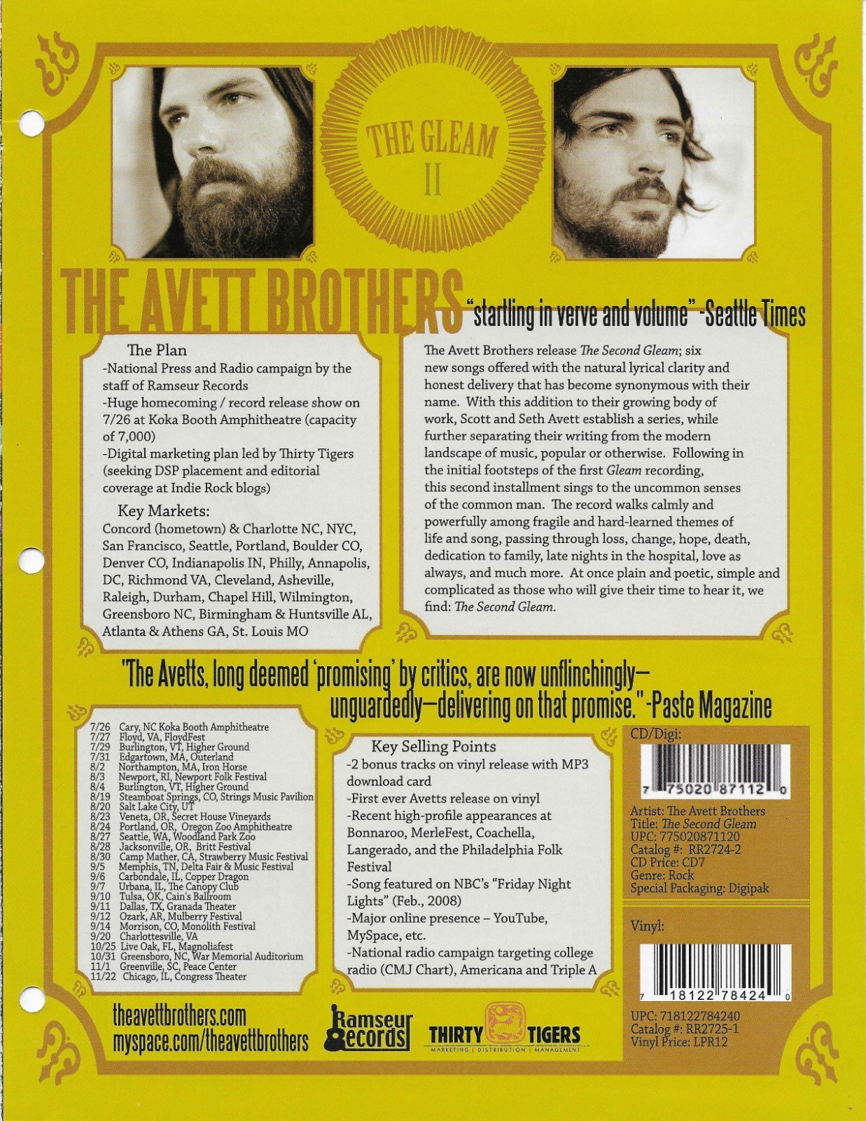 AVETT BROTHERS Rare VINTAGE 2008 PROMO TRADE AD Poster for Second MINT 8.5×11
