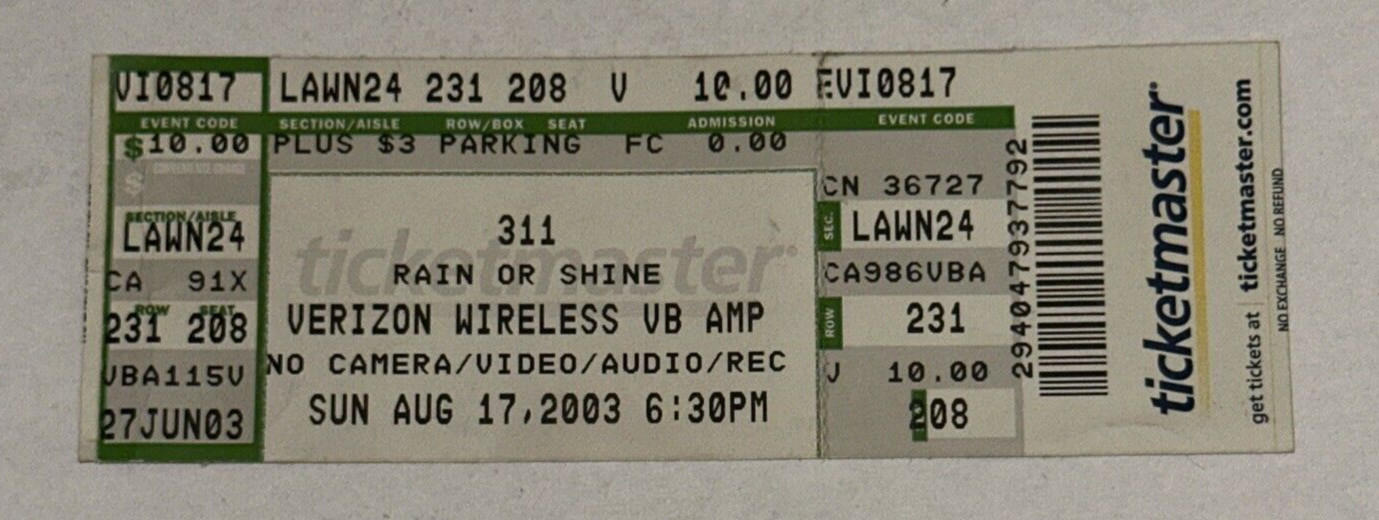 311 Concert Ticket Stub Verizon Wireless Virginia Beach Amphitheater 2003
