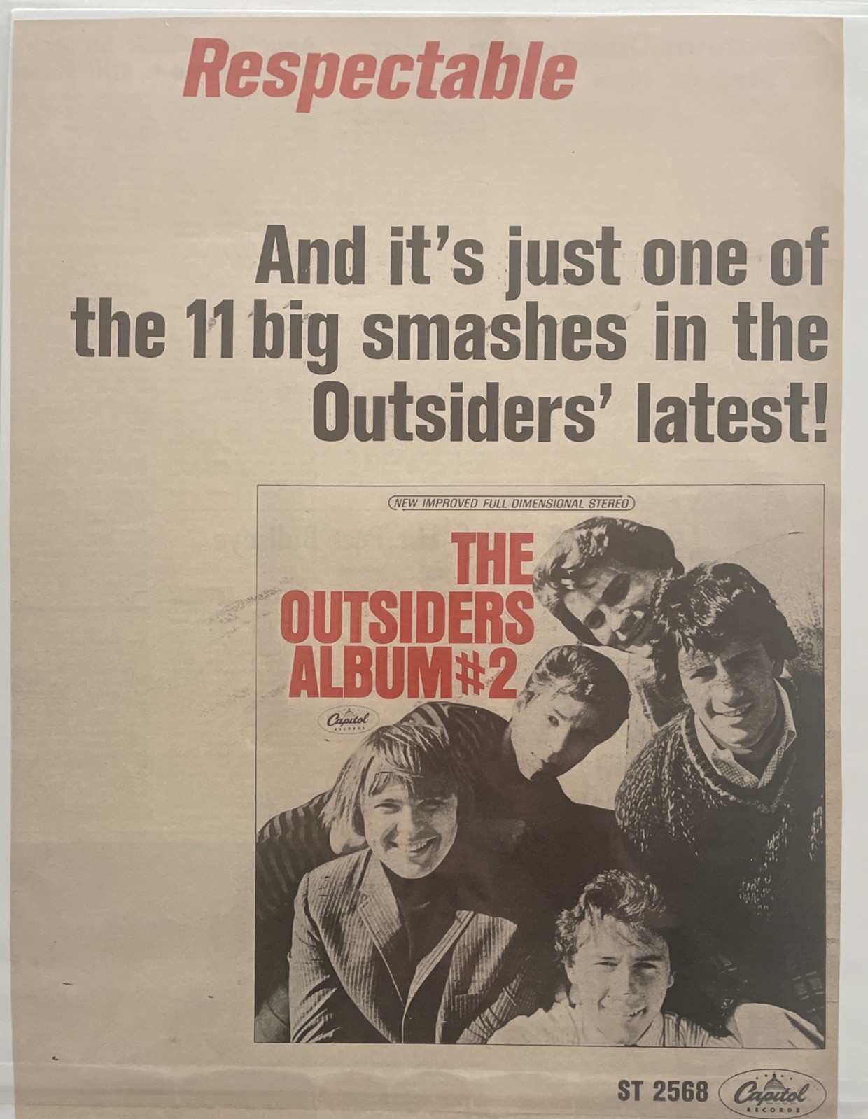 1967 THE OUTSIDERS, Respectable, Record Promo Ad
