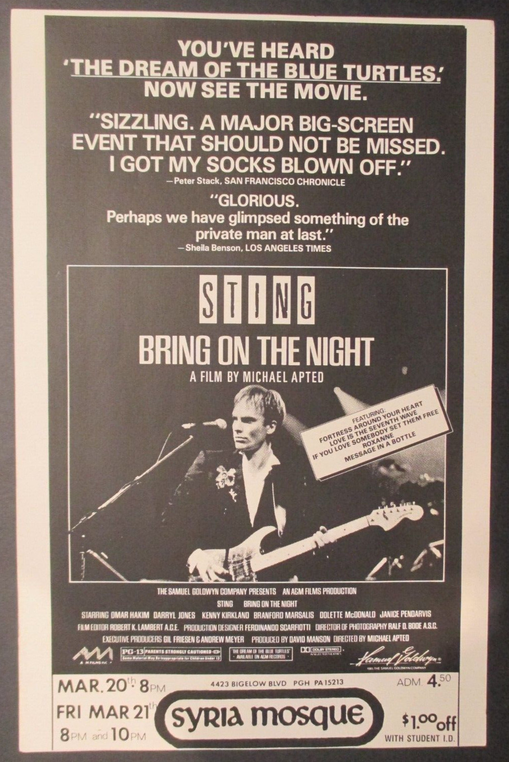 STING Film Poster Bring On The Night, Syria Mosque Pittsburgh, 11″ X 17″ !