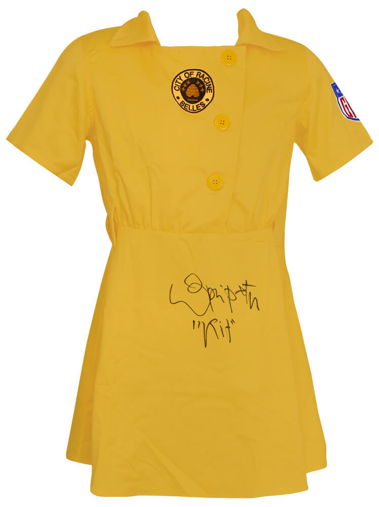 Lori Petty Signed Racine Belles Yellow Costume Baseball Jersey w/Kit – (SS COA)