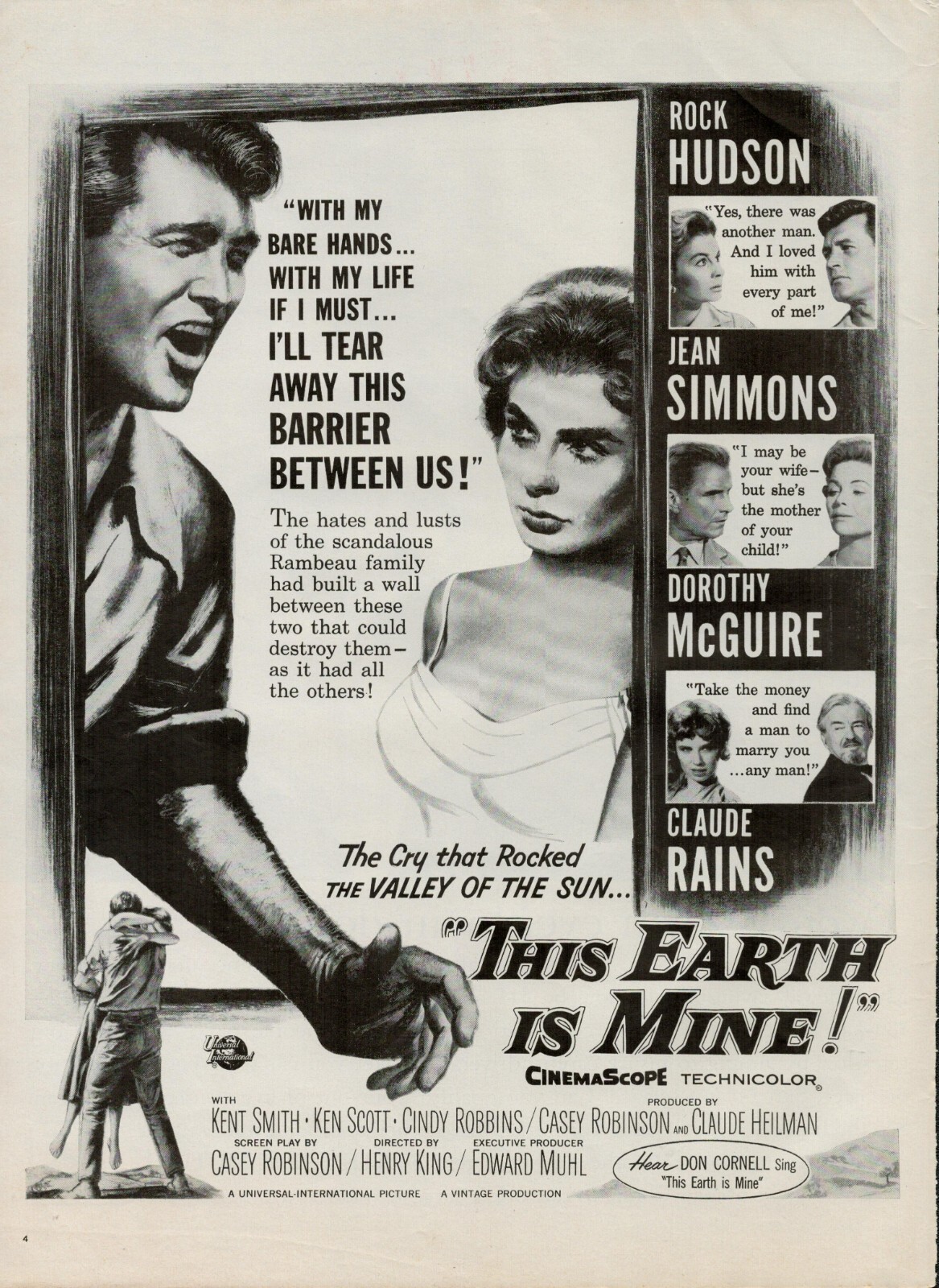 1959 Movie The Earth Is Mine 1950s Vintage Print Ad Rock Hudson Jean Simmons