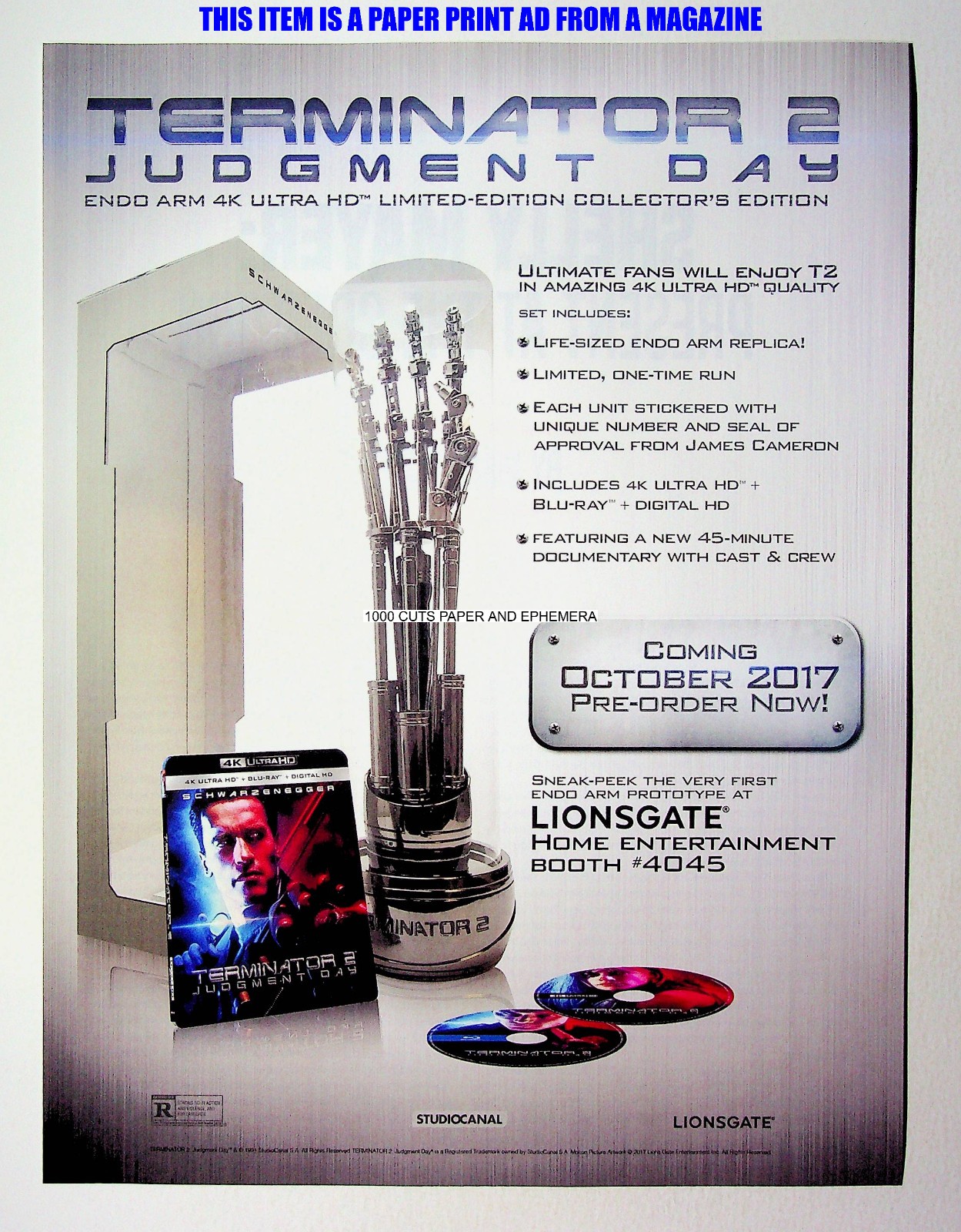 Terminator 2 Judgement Day 4K Ultra Lionsgate 2017 Print Magazine Ad Poster