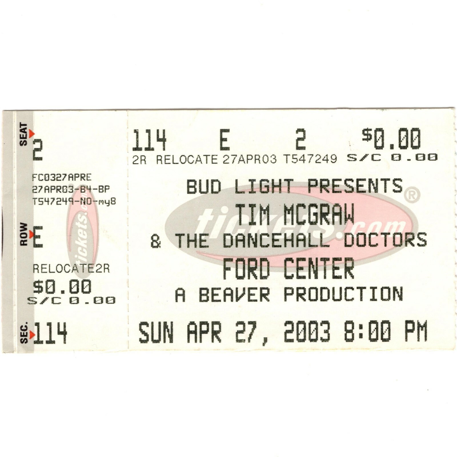 TIM McGRAW & THE DANCEHALL DOCTORS Concert Ticket Stub 4/27/03 OKLAHOMA CITY OK