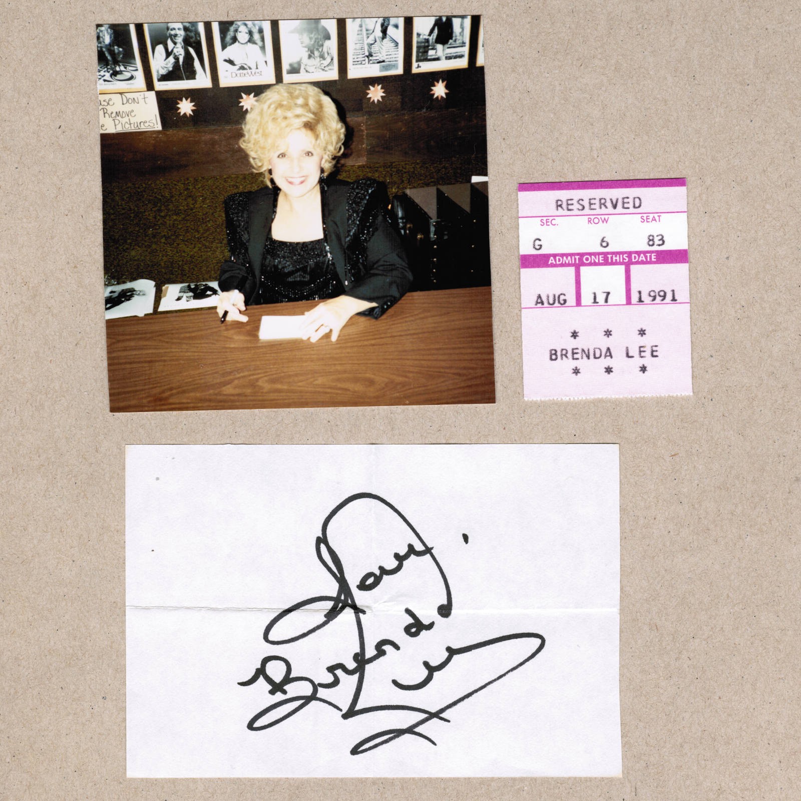 1991 Brenda Lee Signed Autograph w/Fan Taken 3.5 x 3.5 OOAK Photo Ticket Stub
