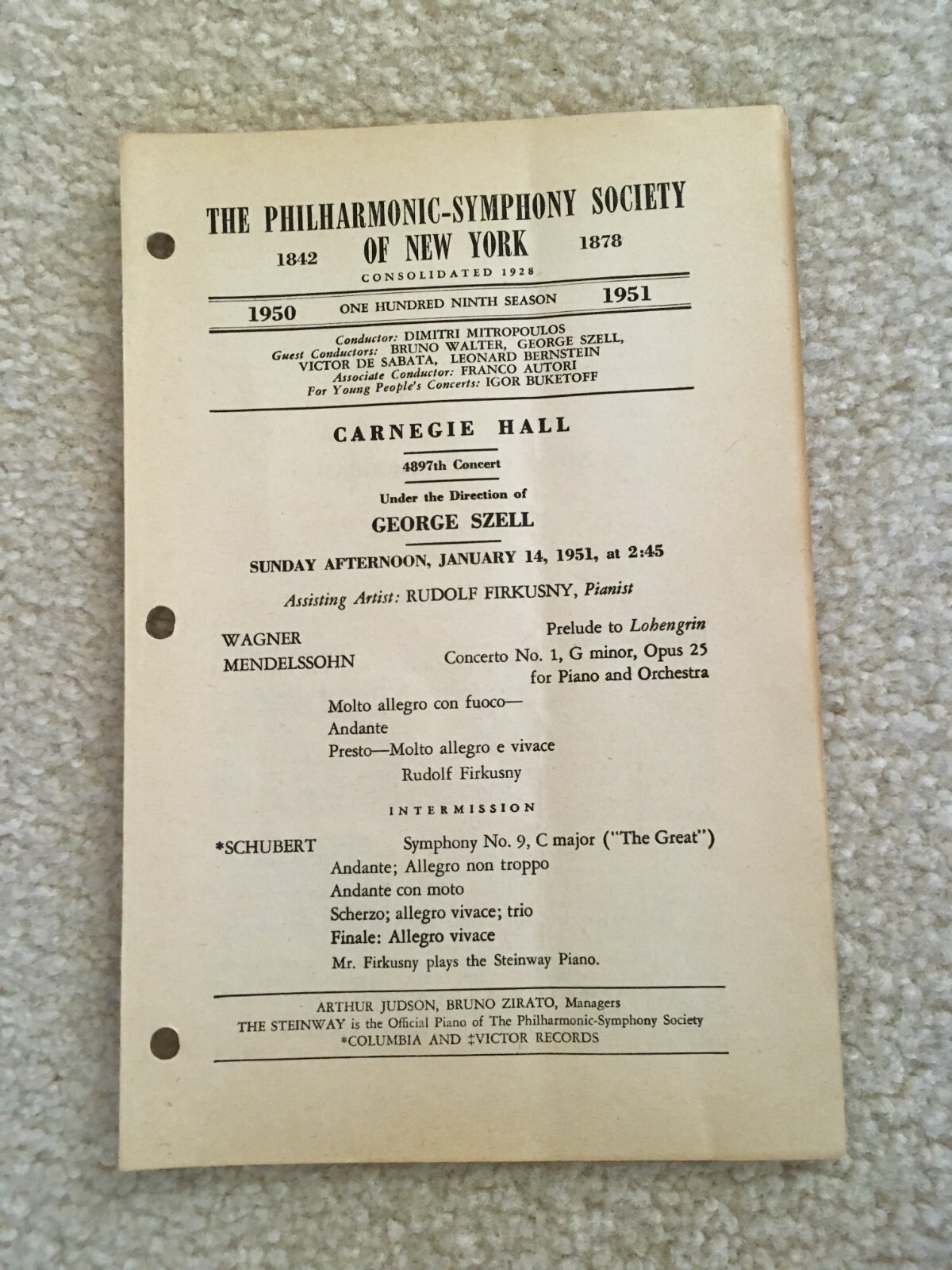 The Philharmonic-Symphony Society of New York Program January 14th, 1951 Szell