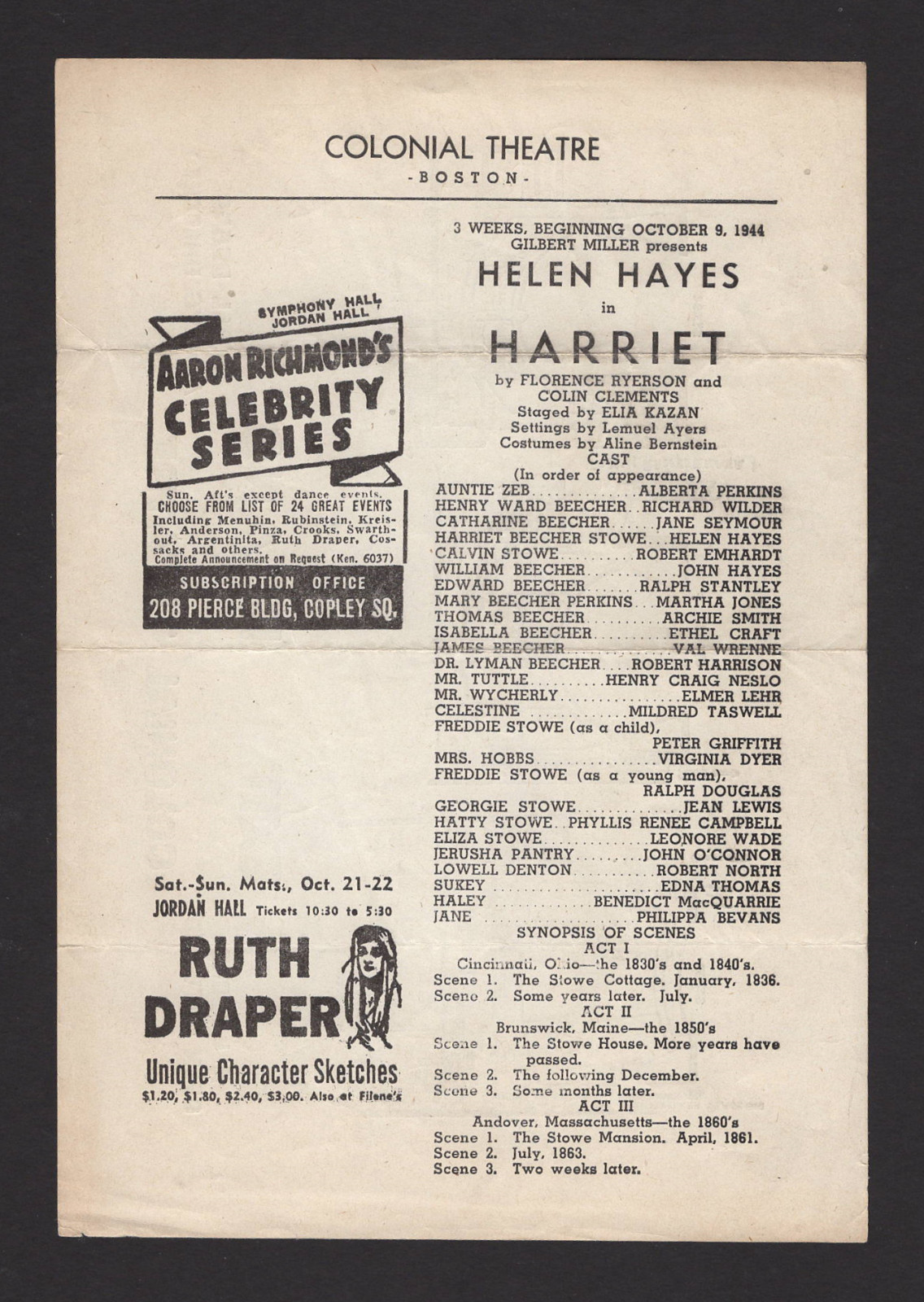 Helen Hayes “HARRIET” (Beecher Stowe) Elia Kazan 1944 Boston Broadside (Program)