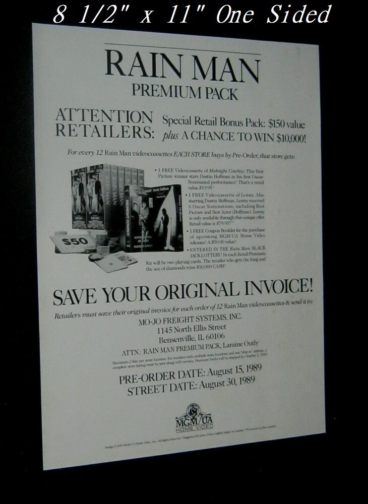 Original RAIN MAN Intricate Video Release Press Kit TOM CRUISE DUSTIN HOFFMAN