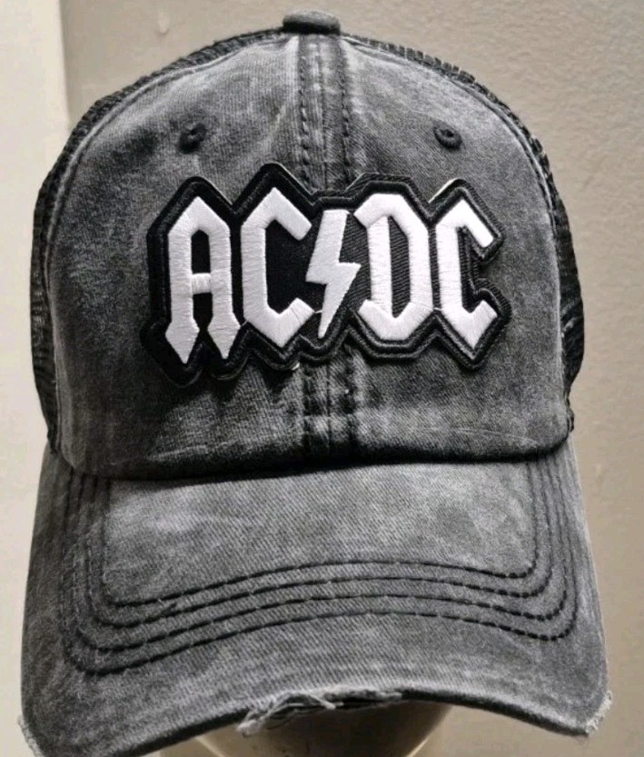AC/DC Distressed Ball Cap Hat Black & Black Mesh Hat AC/ DC Hat