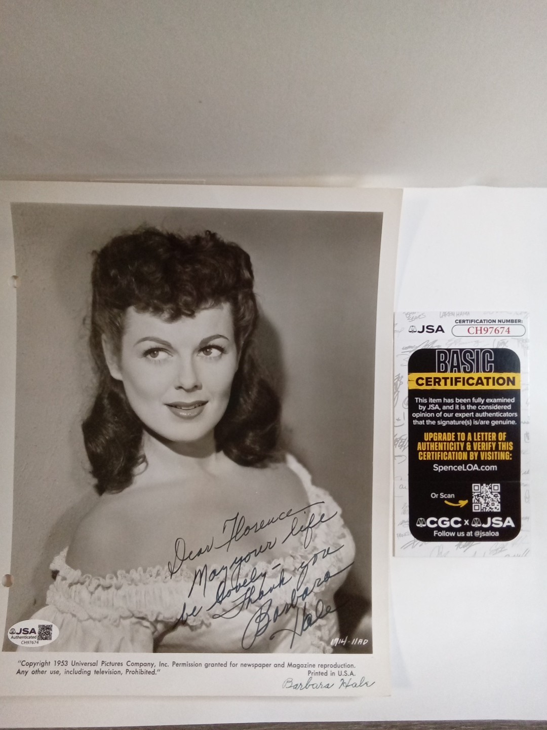 Barbara Hale Signed 8×10 Photo JSA- Perry Mason Della Street