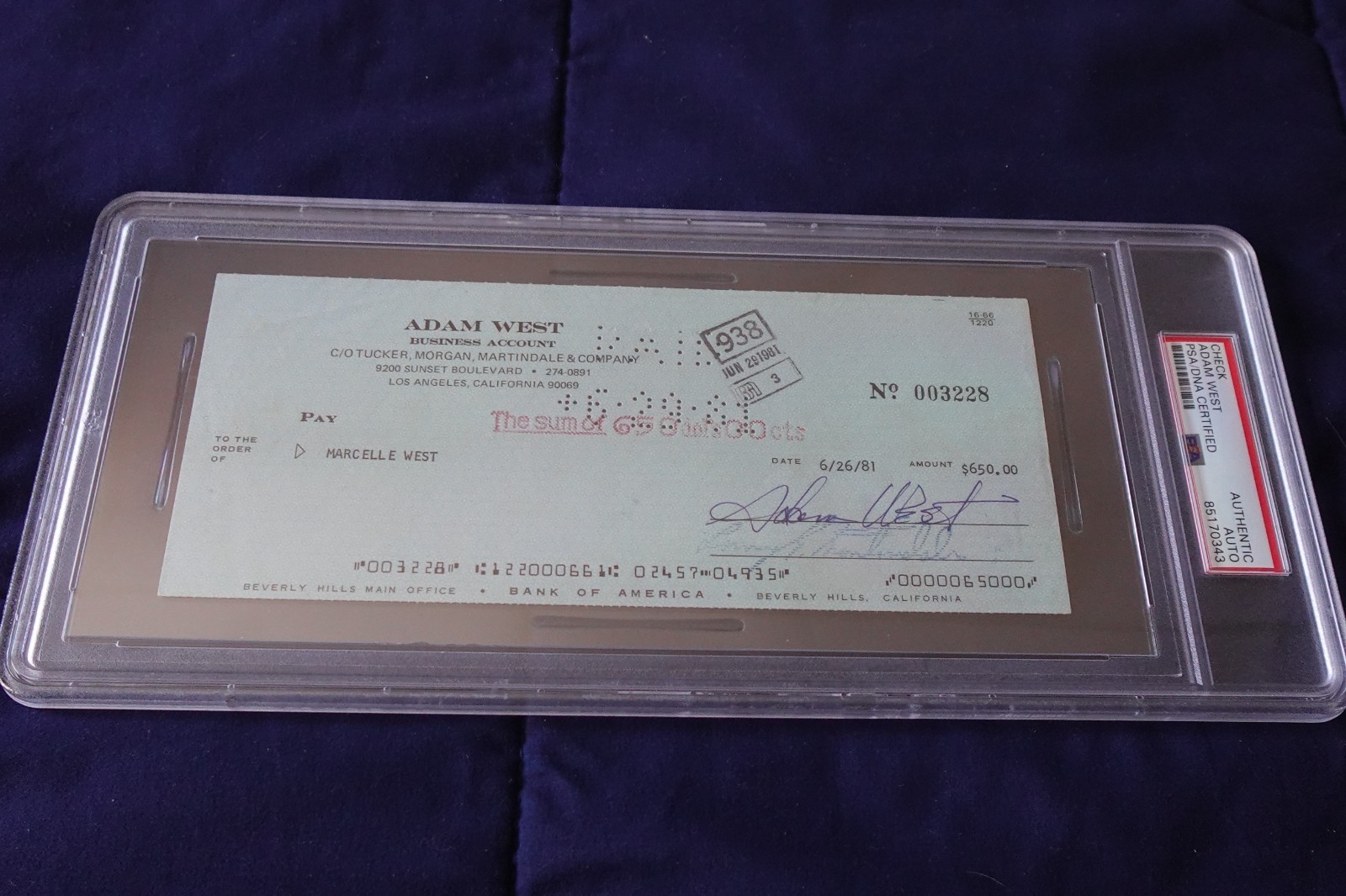 Adam West Autographed Bank Check Television Star “Batman” PSA SLABBED