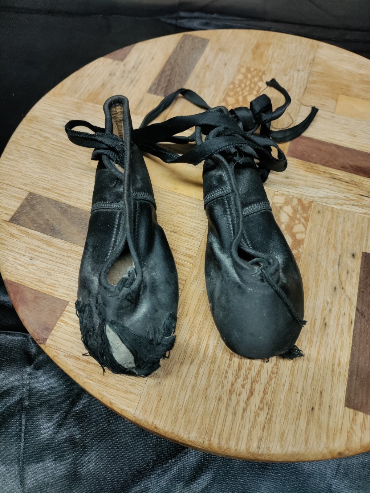 Antique Child’s DeLuco Ballerina Slippers Pointe Shoes Black Satin With Ribbon