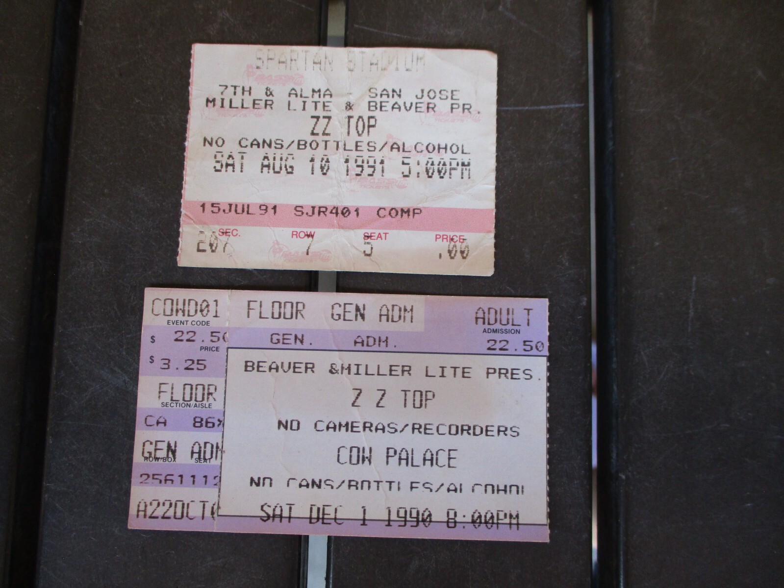 Vtg 1990, 1991 ZZ TOP Concert Ticket Stub Lot, 2 Tickets, Cow Palace, Spartan St