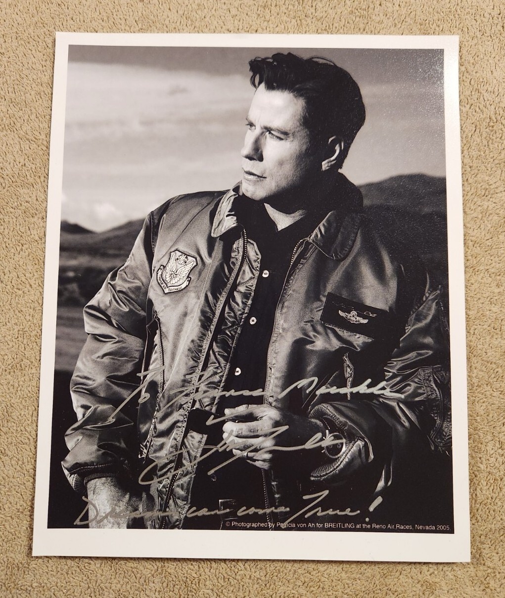 John Travolta Autographed Black White Photo Silver Ink Bomber Jacket Breitling