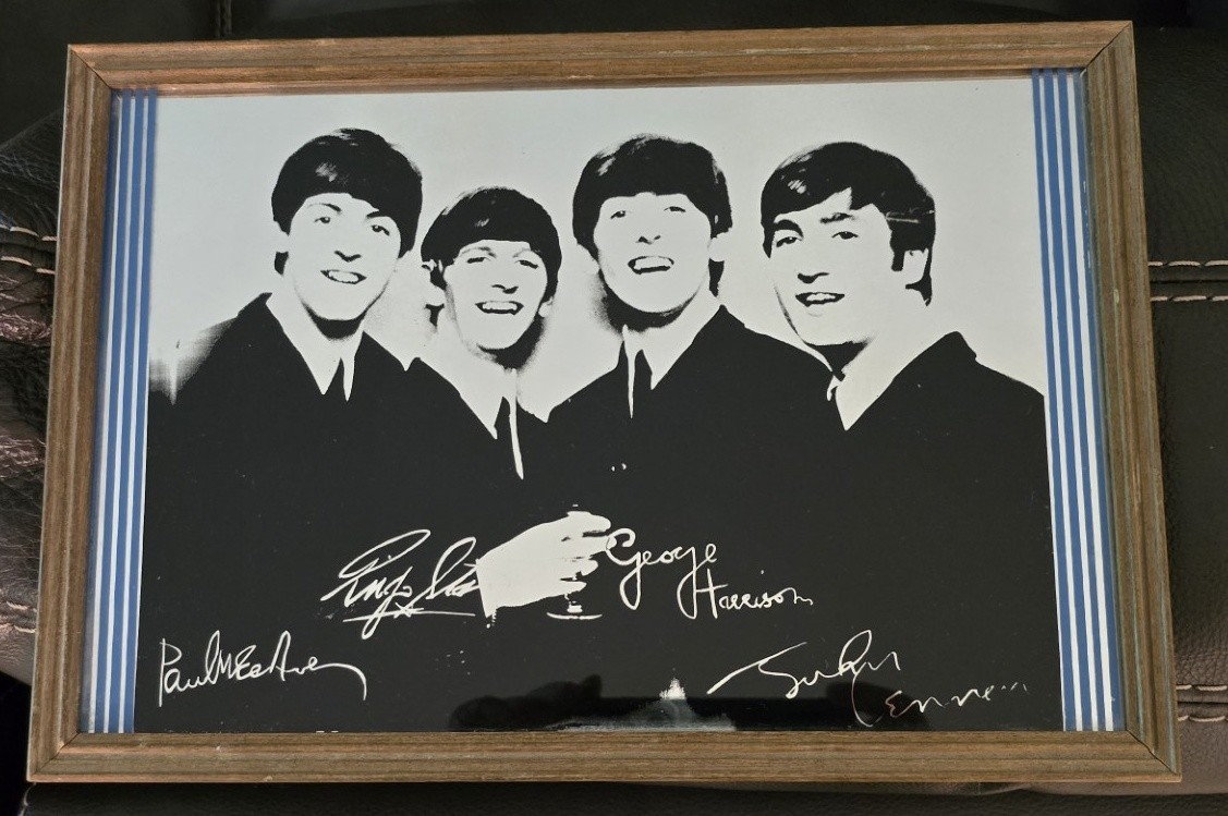 Vintage Beatles Glass Etched Mirror Autograph Metal Frame Size app 13 x 9 inches