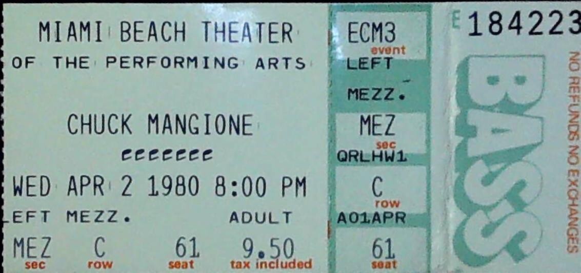 Chuck Mangione Miami Beach Theater Florida Concert Event Ticket Stub 4/2/80 BASS
