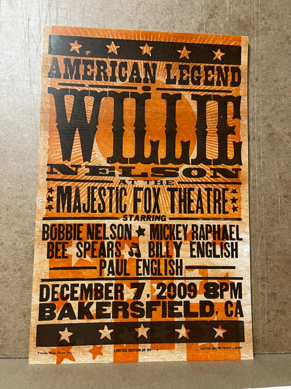 WILLIE NELSON Bakersfield California 2009 Ltd Ed HATCH SHOW PRiNt POsTER