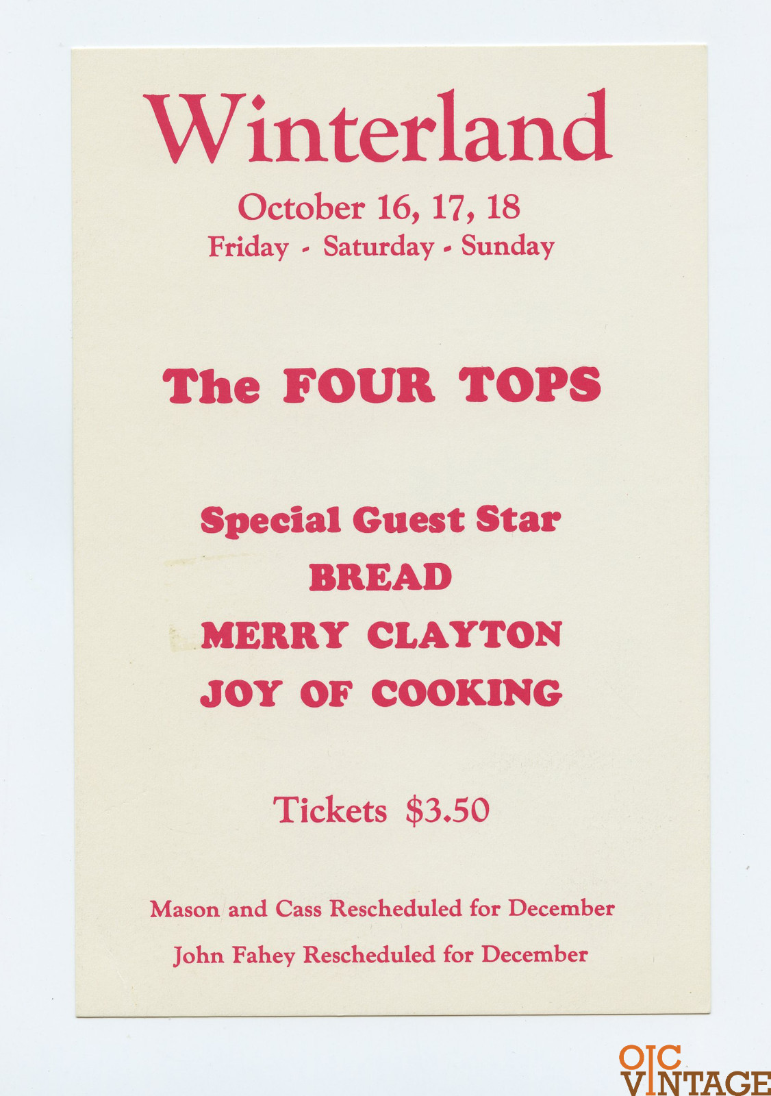 Four Tops Handbill Joy of Cooking 1970 October 16 Winterland San Francisco