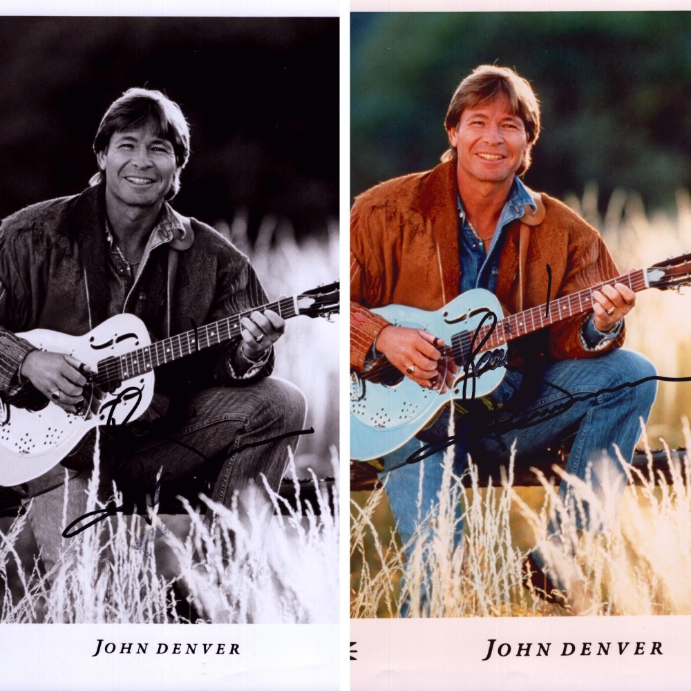 John Denver SIGNED x2 Photo Lot B&W + Color 1993 TTM Provenance Letter Authentic
