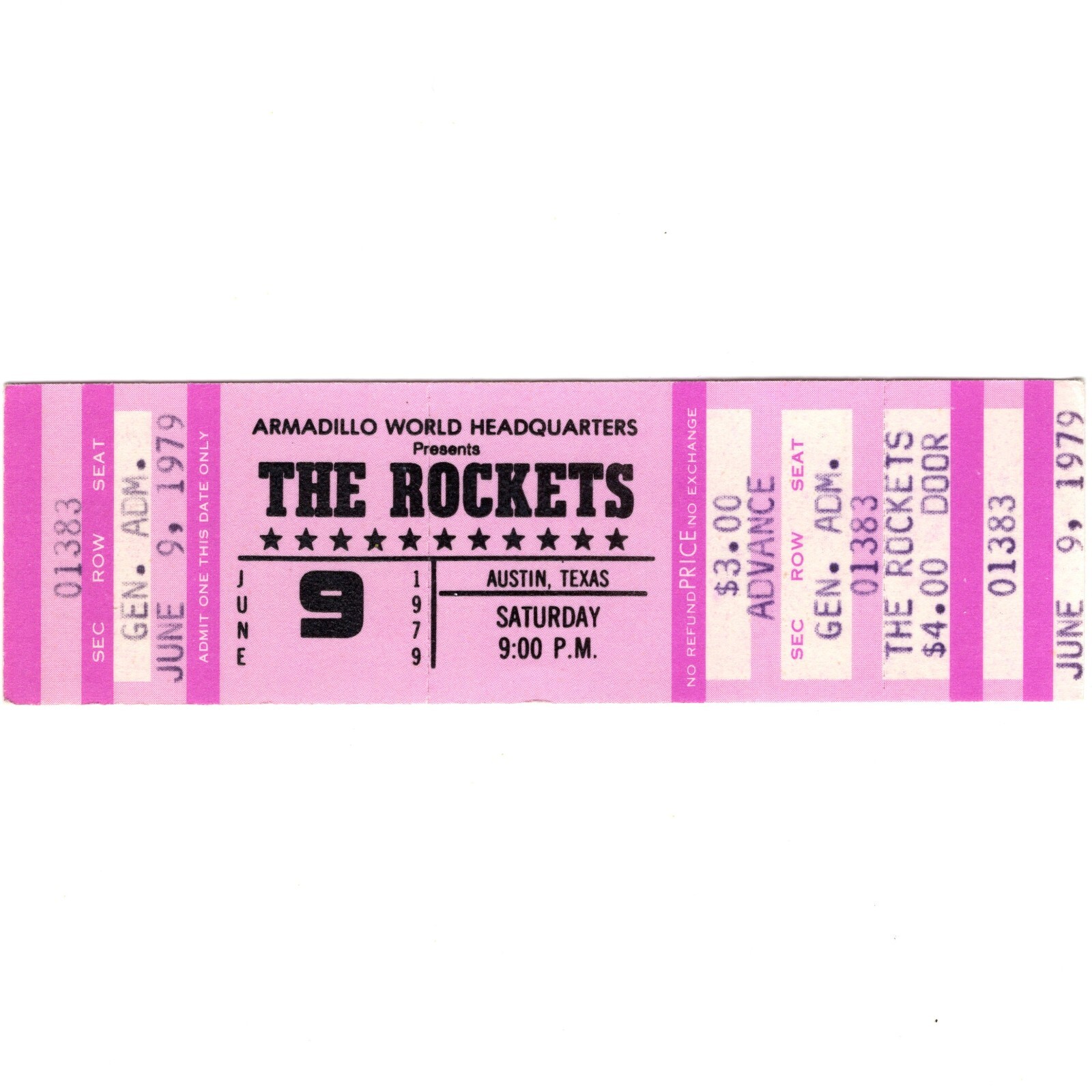 THE ROCKETS & BERSERKO BROTHERS Concert Ticket Stub AUSTIN 6/9/79 ARMADILLO Rare