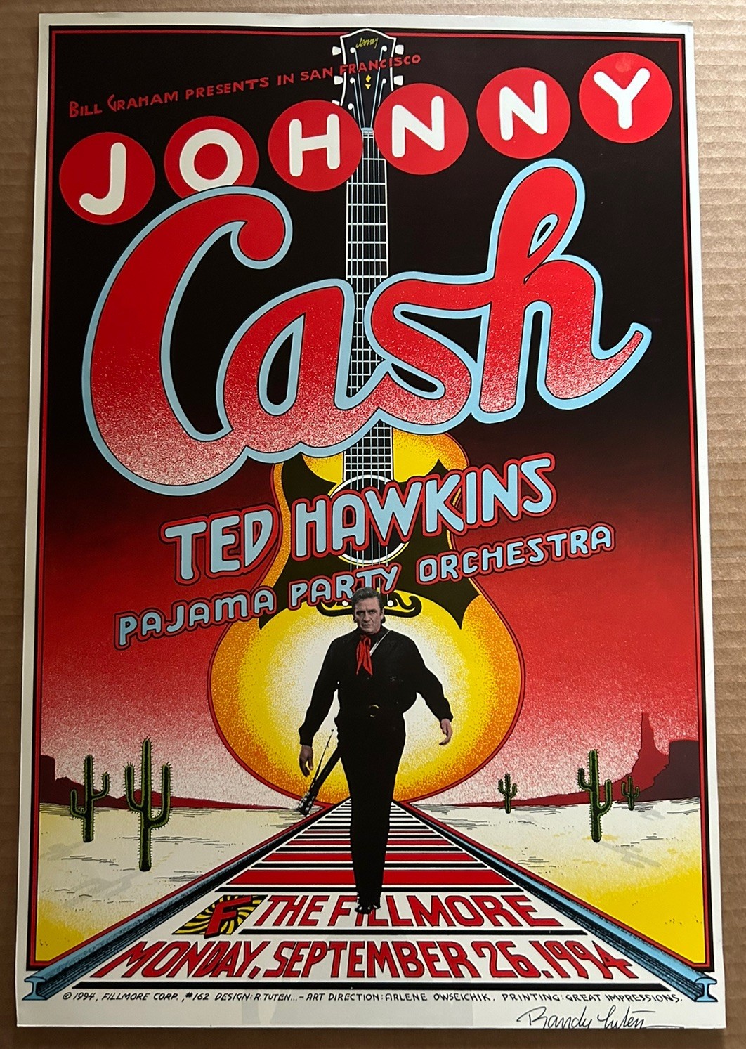 JOHNNY CASH poster Tuten SIGNED Fillmore 1st Original 1994 Not Willie Nelson