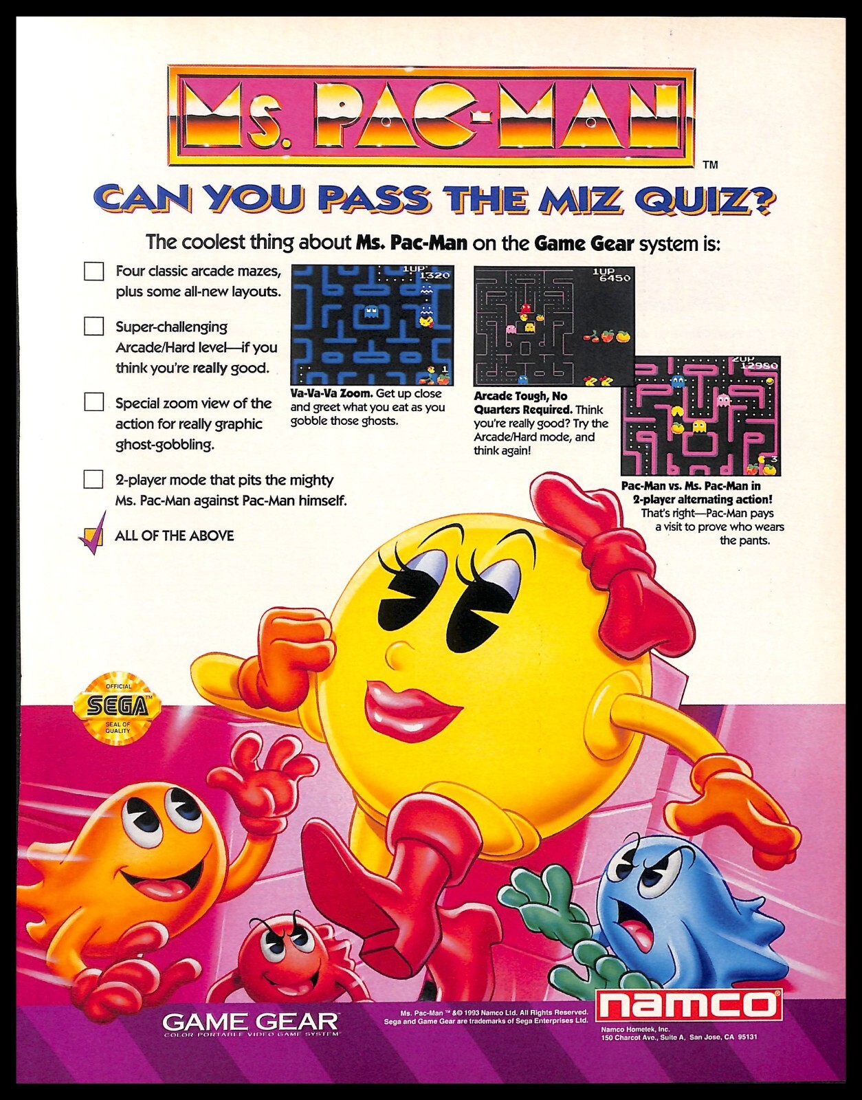 1994 Ms Pac-Man Retro Video Game PRINT AD Namco Game Gear Art