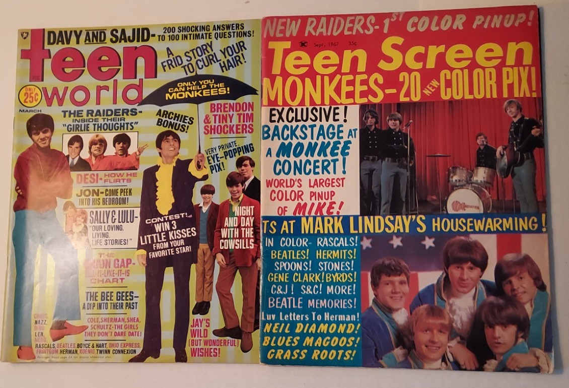 Sept 1967 “Teen Screen” and Mar 1969 “Teen World” Magazines Monkees, Raiders etc
