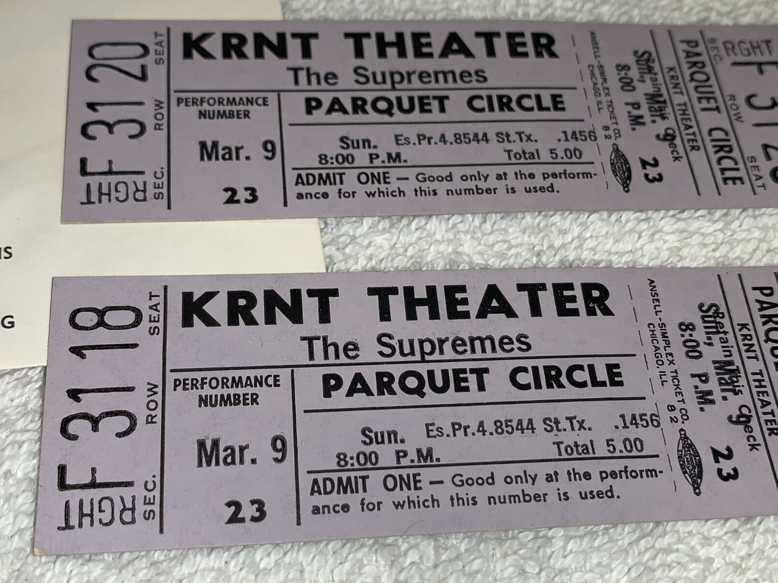 THE SUPREMES 2 UNUSED 1969 CONCERT TICKETS AND WILL CALL ENVELOPE KRNT THEATER
