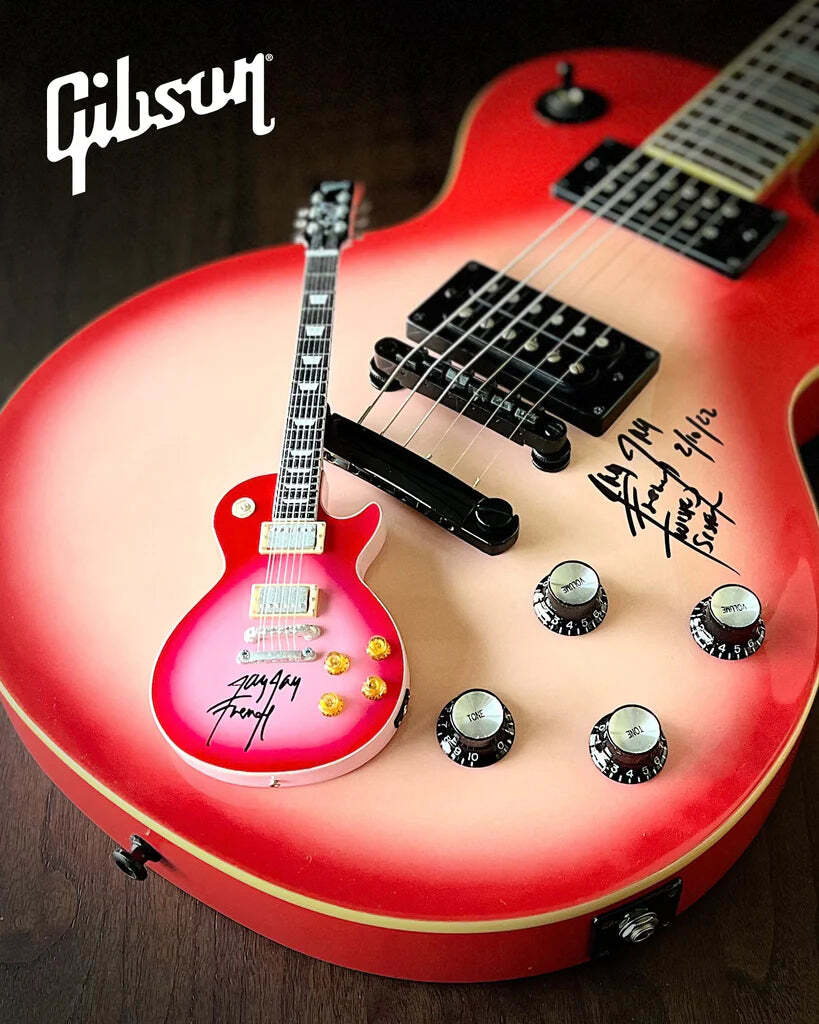 Twisted Sister Jay Jay French Signed Real Gibson Les Paul Pinkburst Mini Guitar