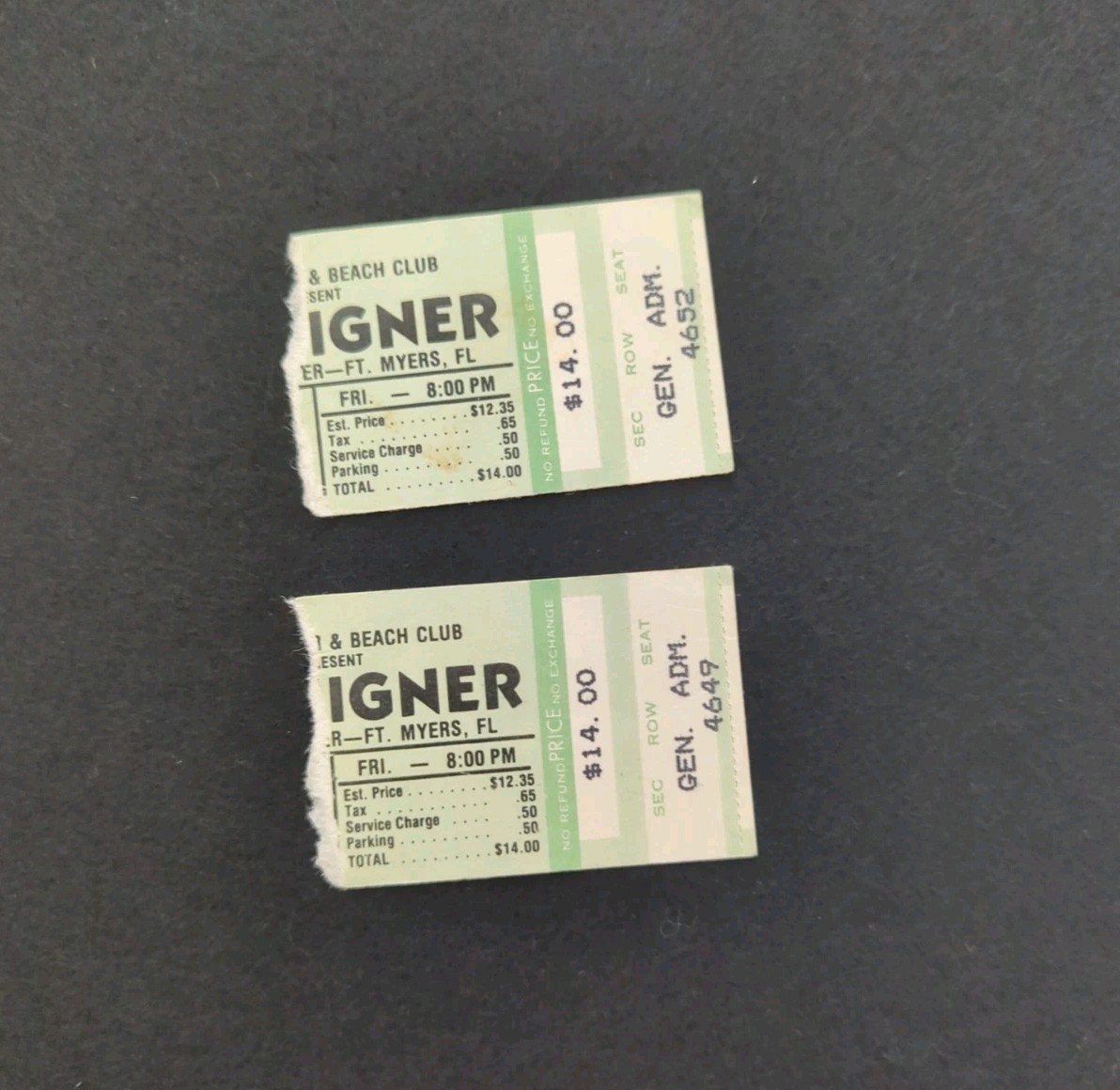 2 Ticket Stubs Foreigner – Lee Civic Center Ft. Myers, FL – March 29, 1985