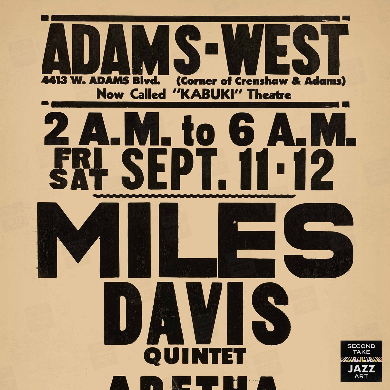 Miles Davis – Aretha Franklin jazz poster – Adams-West – Los Angeles – 1964