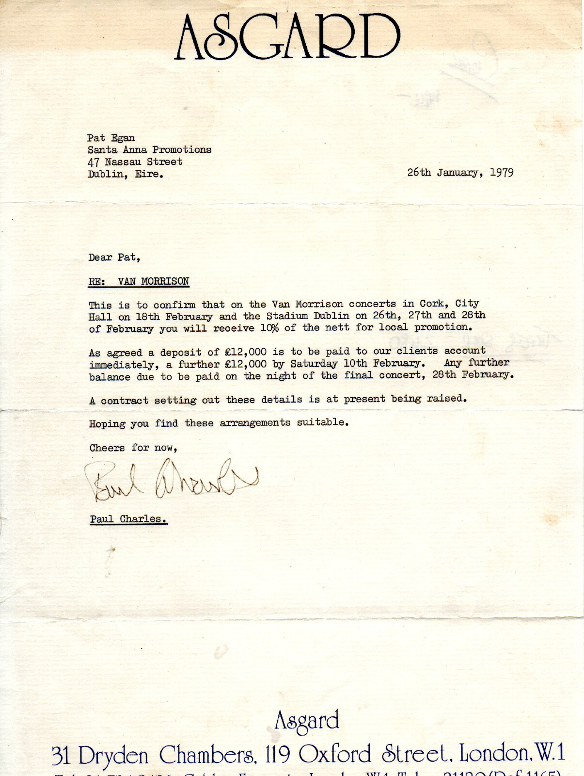 VAN MORRISON – LETTER FROM PROMOTER TO PAT EGAN 1979 CONCERNING CONCERT FINANCES