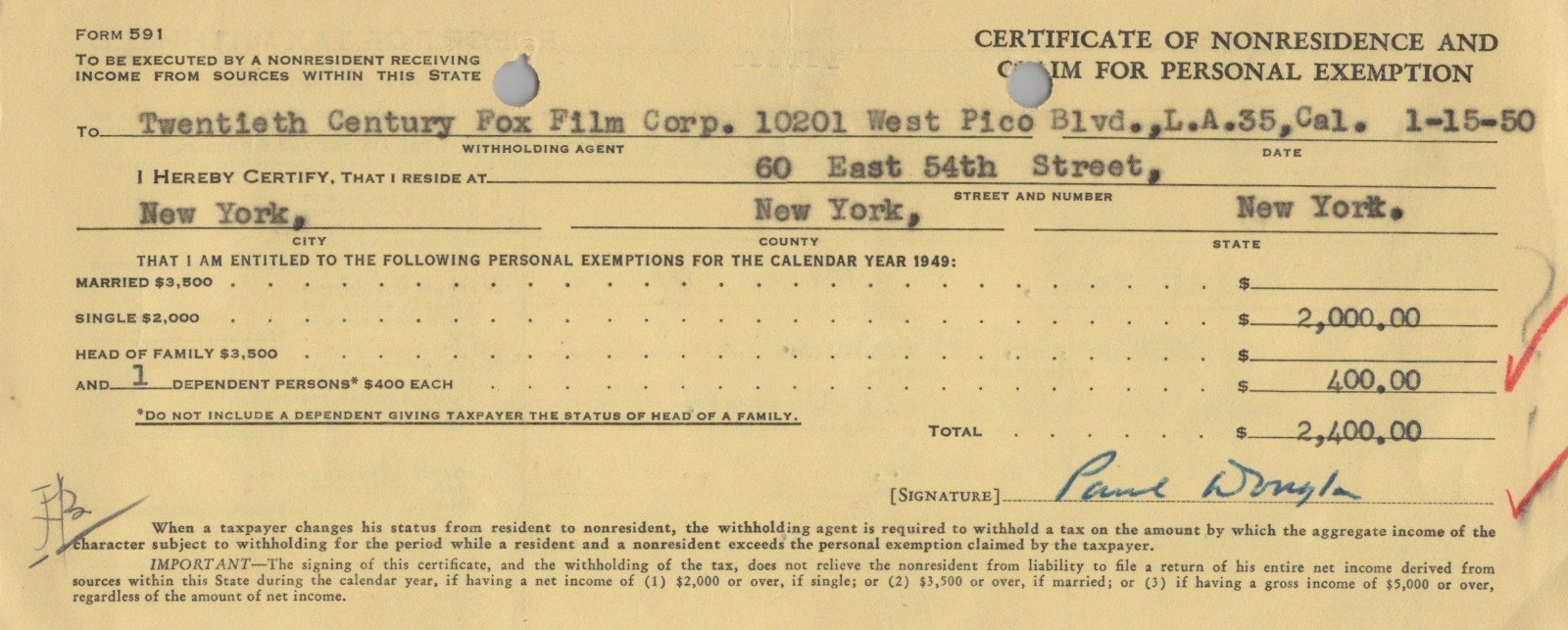 PAUL DOUGLAS (1907-1959) autograph ACTOR “Clash by Night” SIGNED TAX EXEMPTION